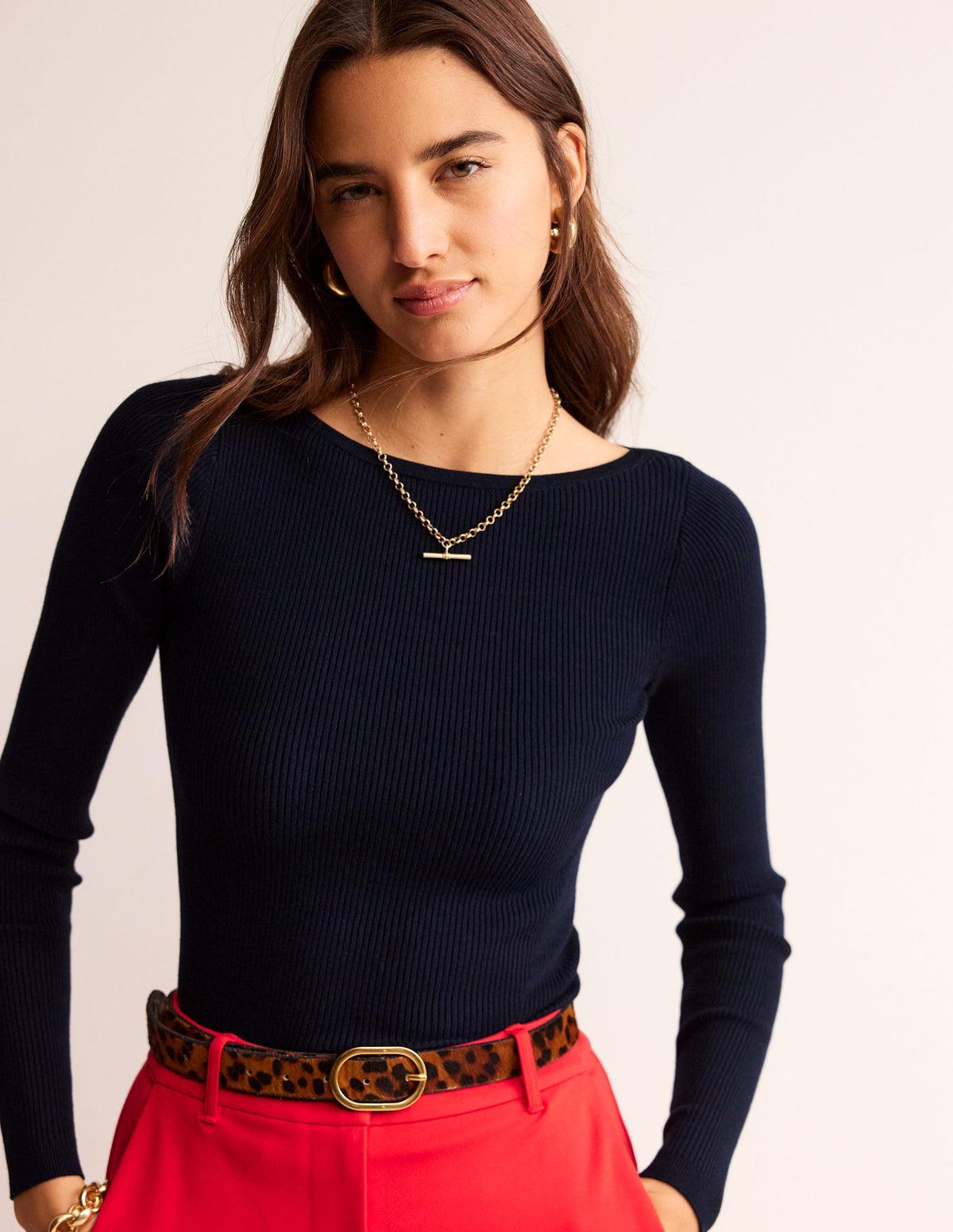 Cotton Rib Boat Neck Sweater-Navy-2