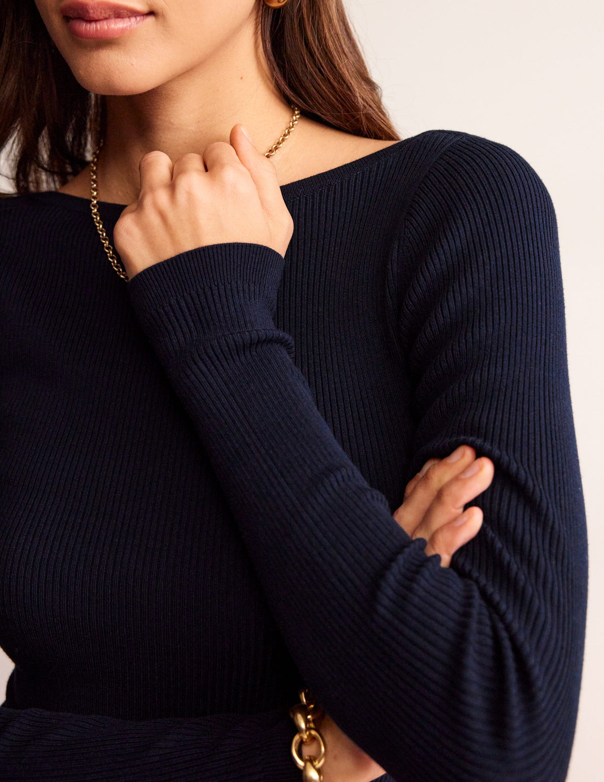 Cotton Rib Boat Neck Sweater-Navy - Image 3