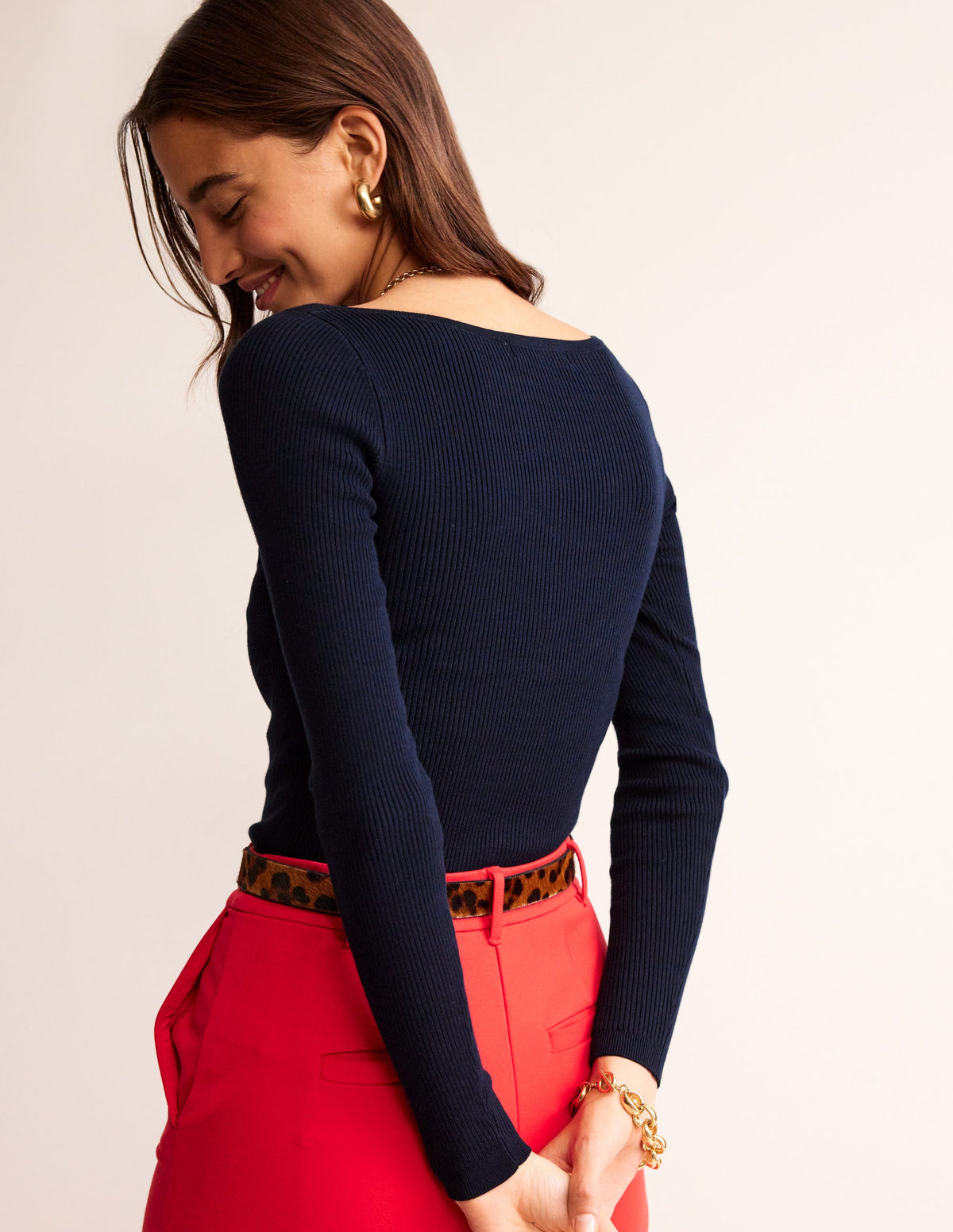 Cotton Rib Boat Neck Sweater-Navy - Image 4
