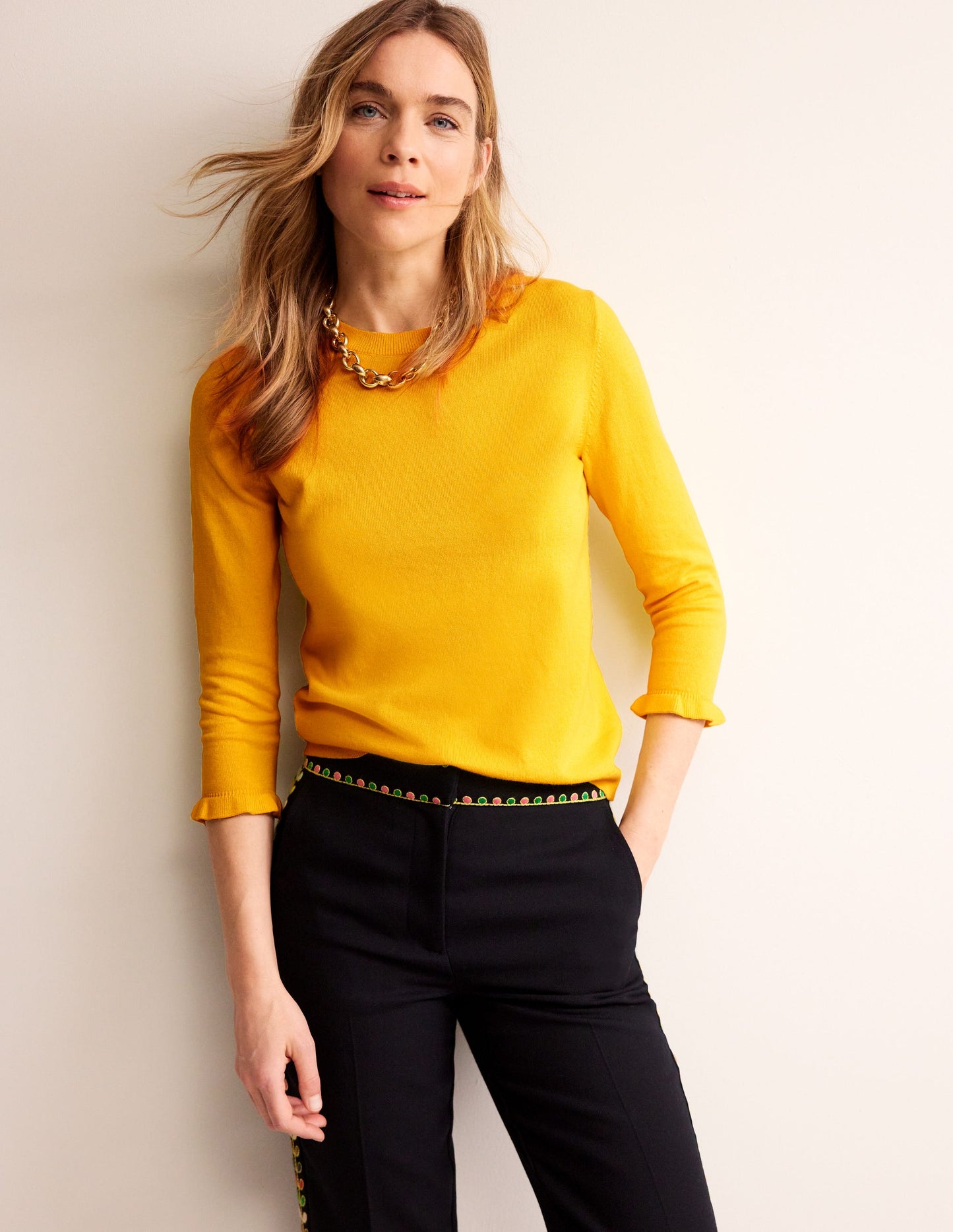 Cotton Merino Frill Sweater-Mimosa Yellow