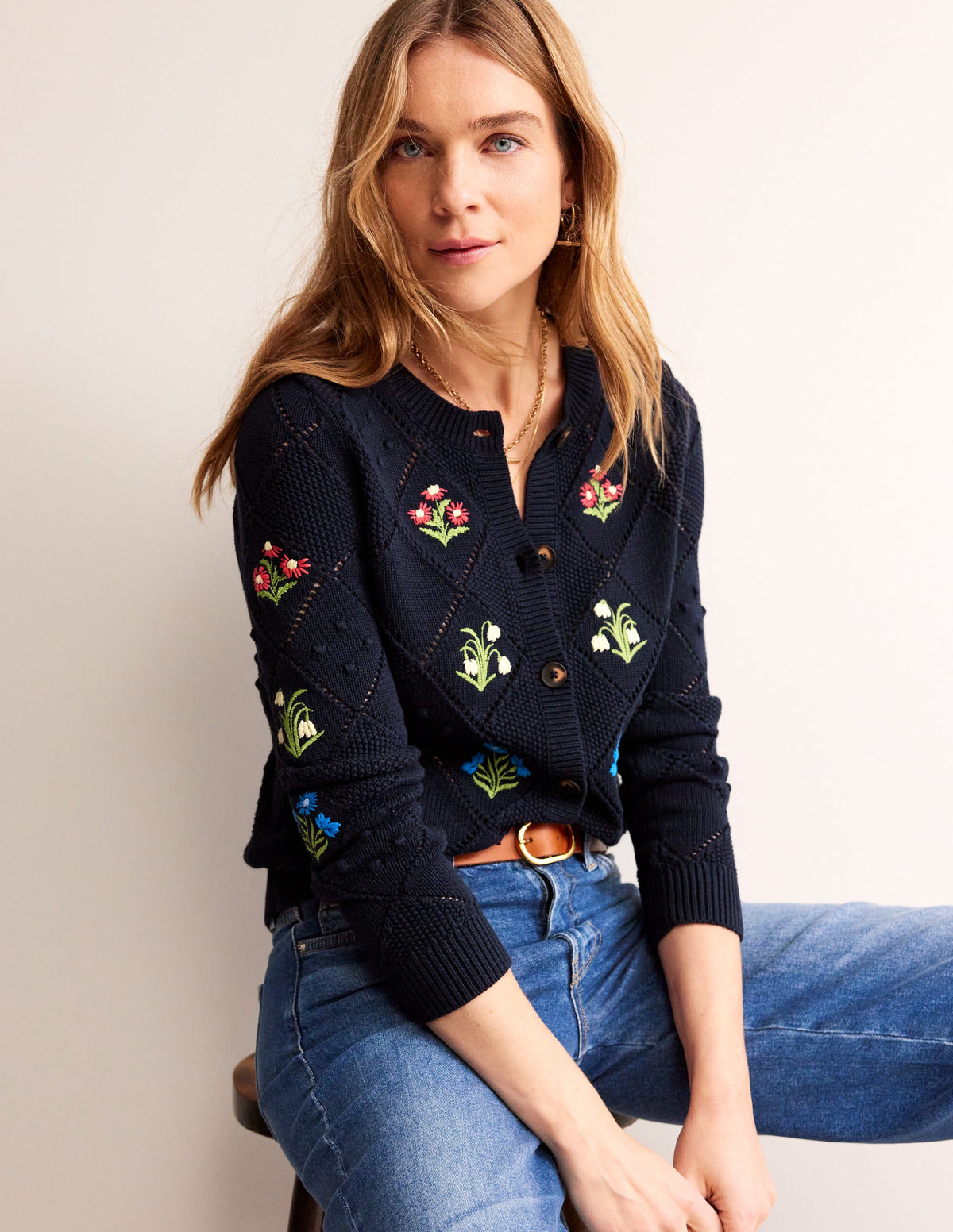 Cotton Embroidered Cardigan-Navy - Image 4