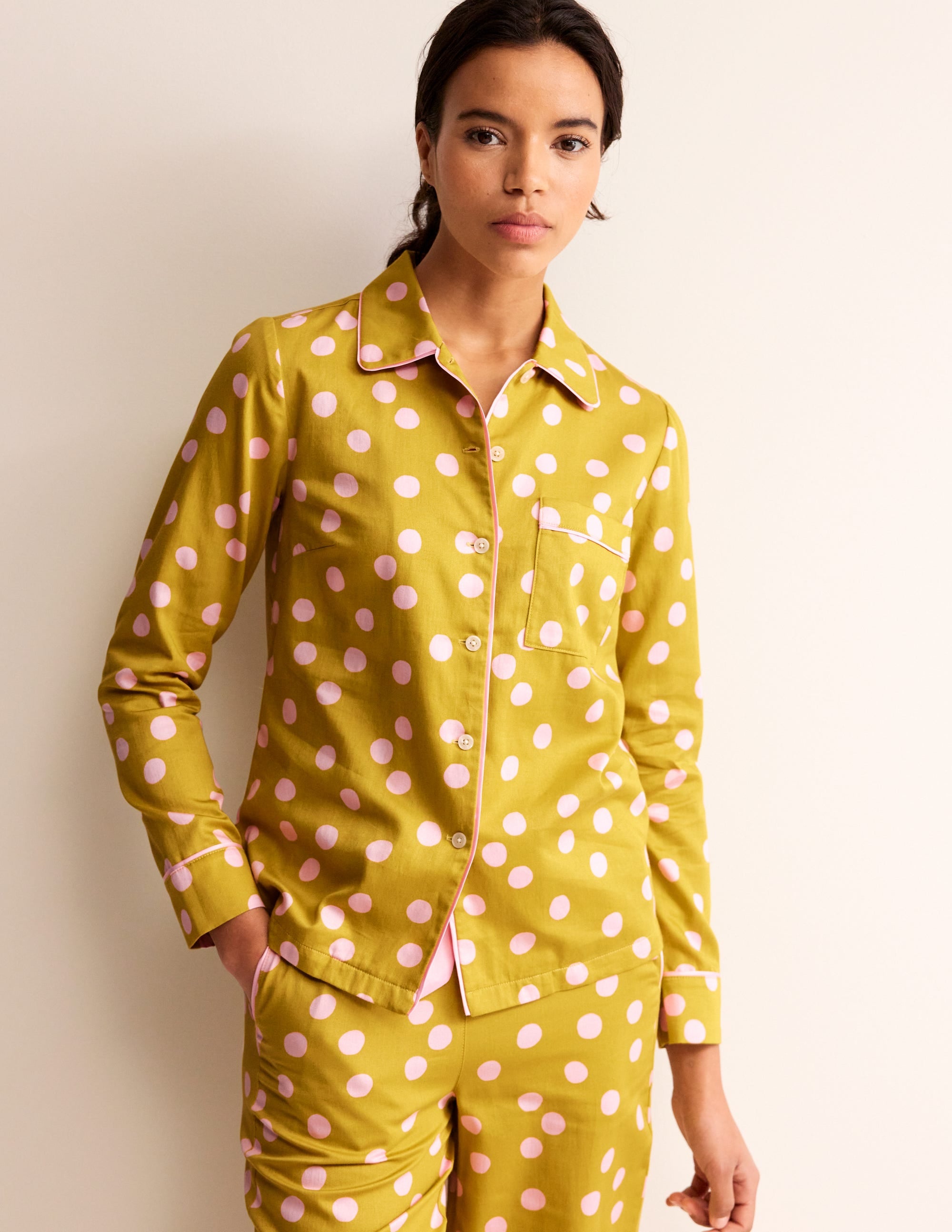 Cotton Sateen Pajama Shirt-Antique Moss - Image 2
