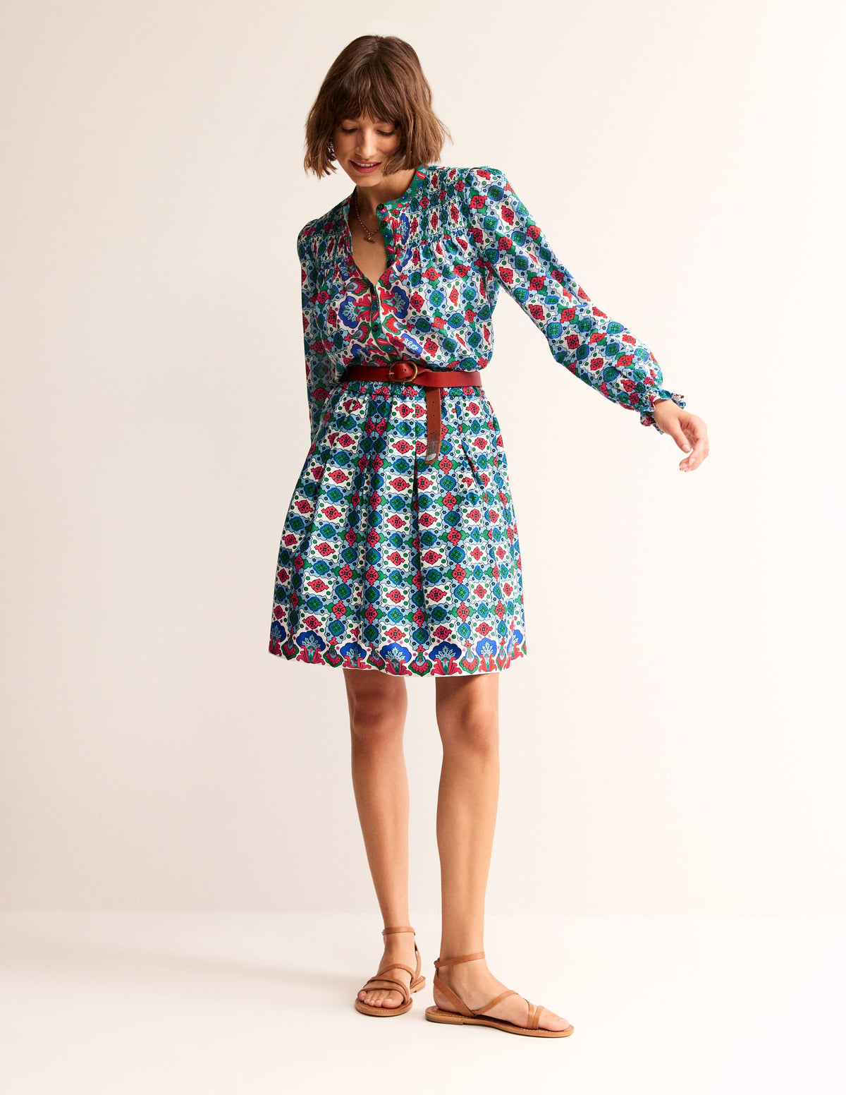 Pleated Cotton Skirt-Multi, Coastal Tile-1