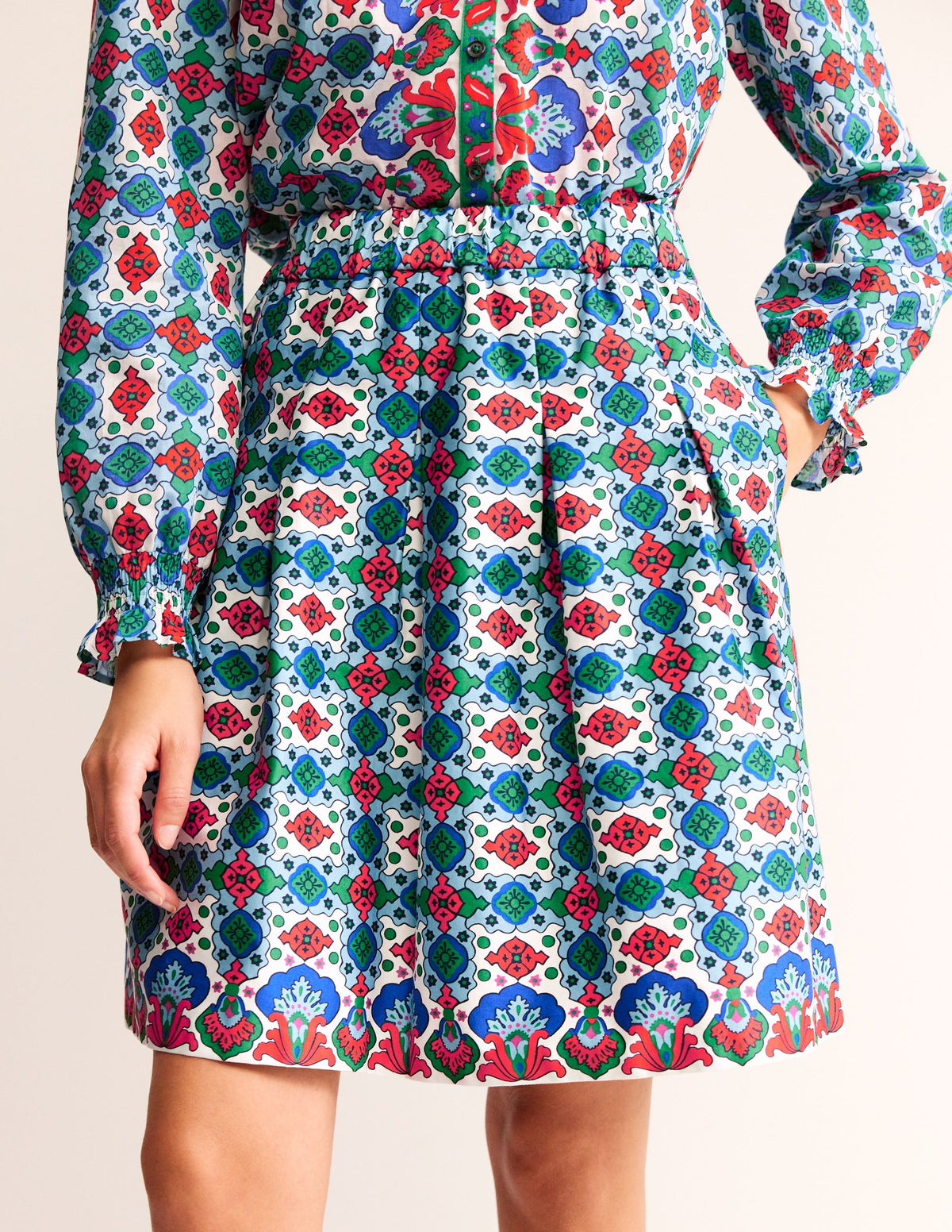 Pleated Cotton Skirt-Multi, Coastal Tile-4