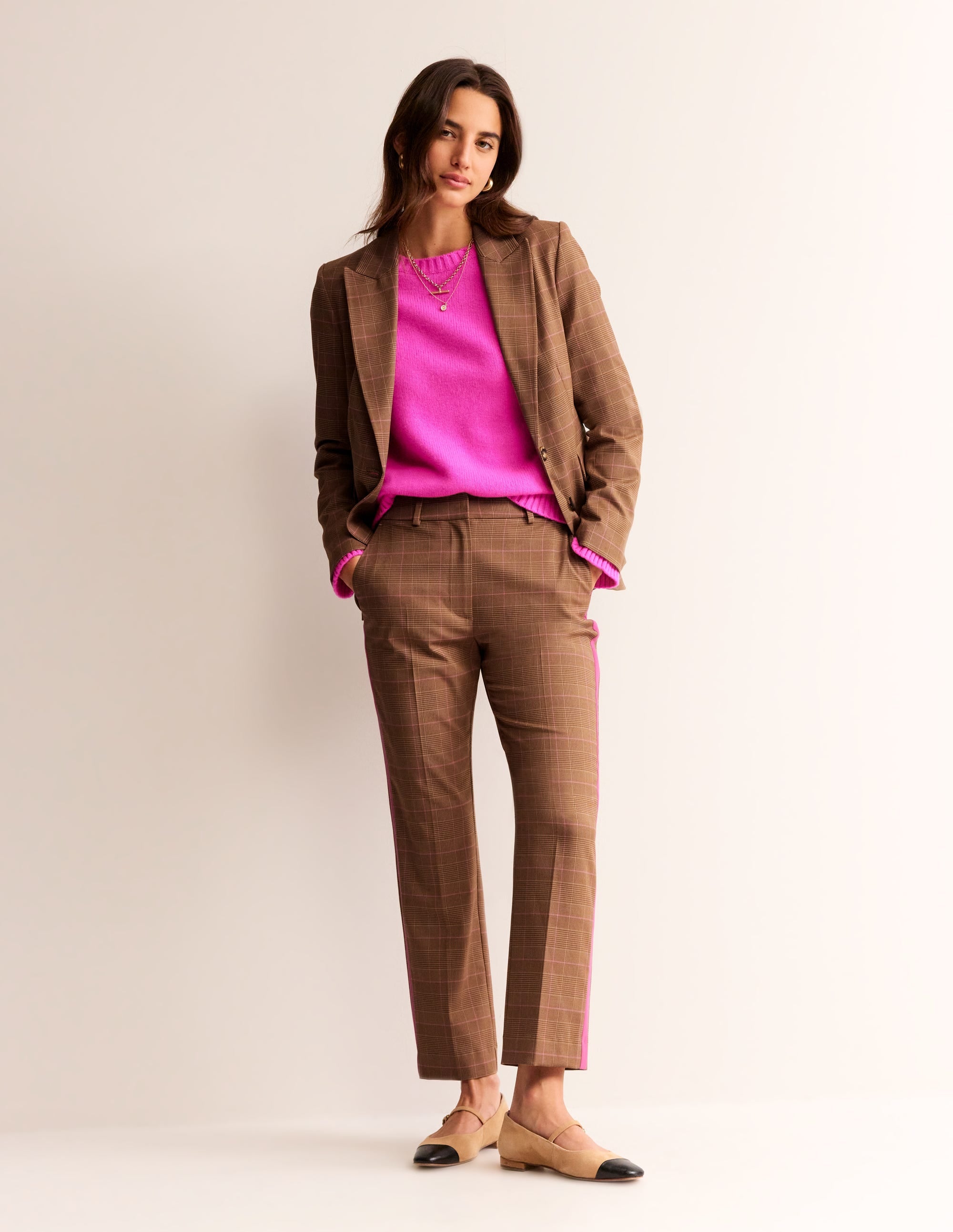 Kew Check Side Stripe Trousers-Brown and Pink Check - Image 1