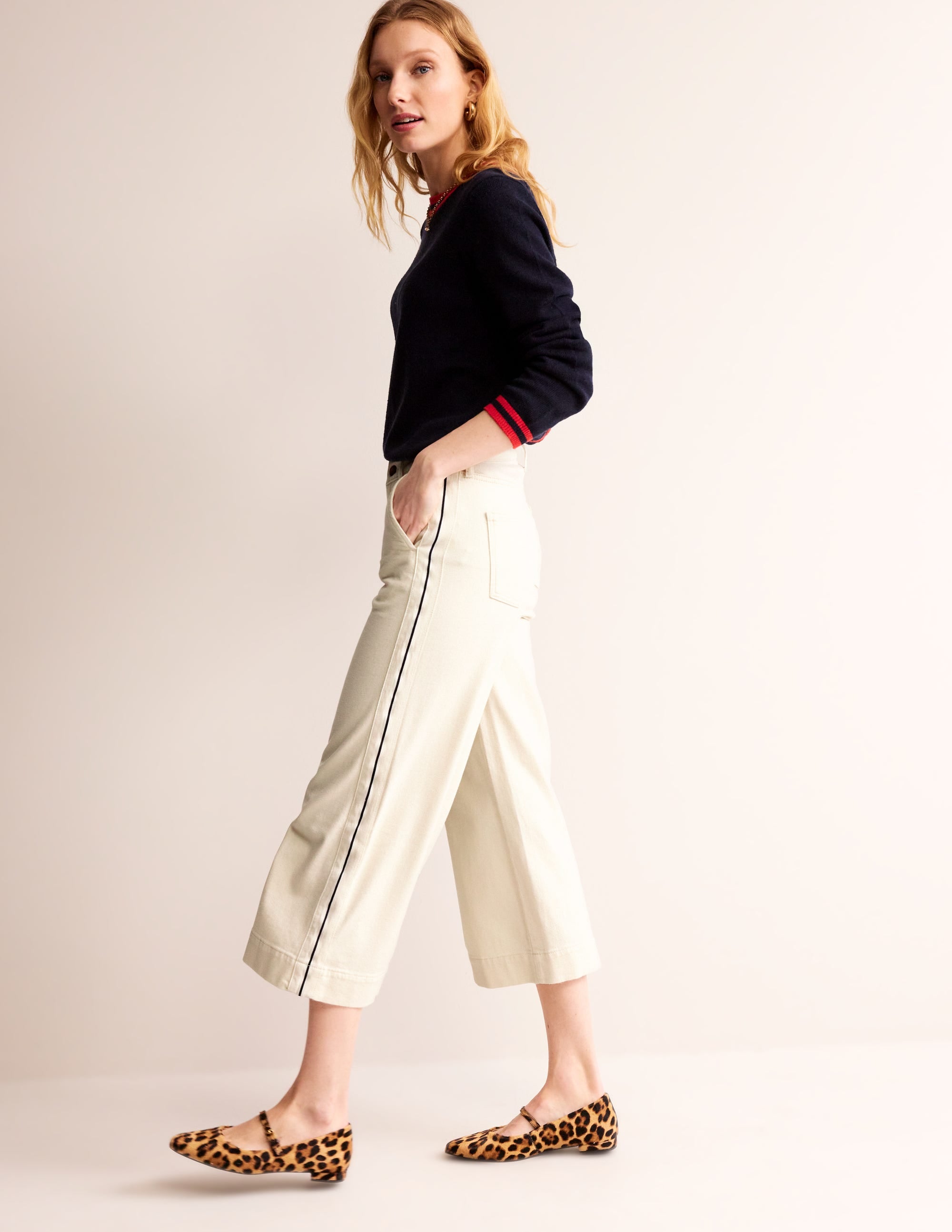 Side Stripe Wide Crop Jeans-Ecru - Image 1