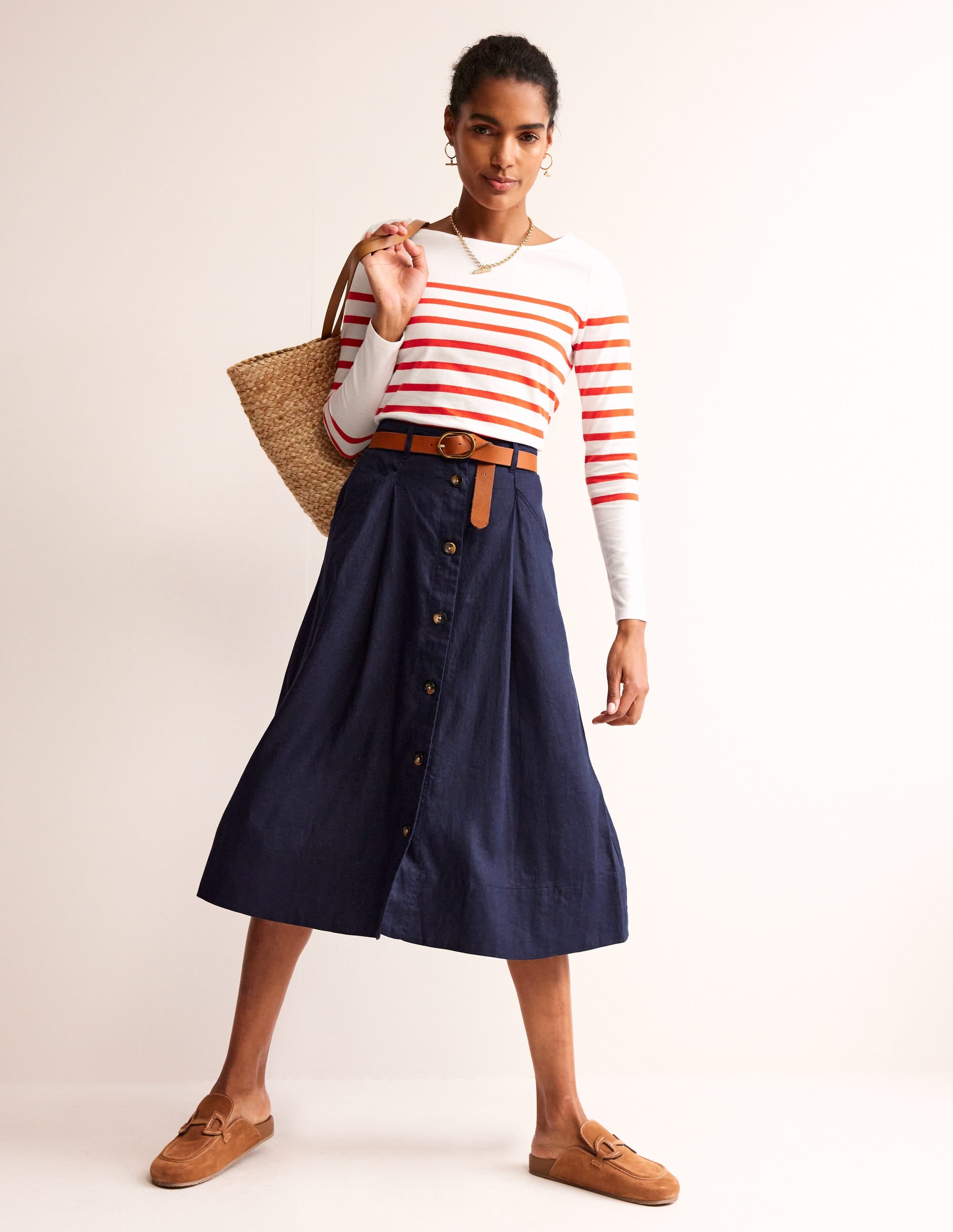 Petra Linen Midi Skirt-Navy - Image 1