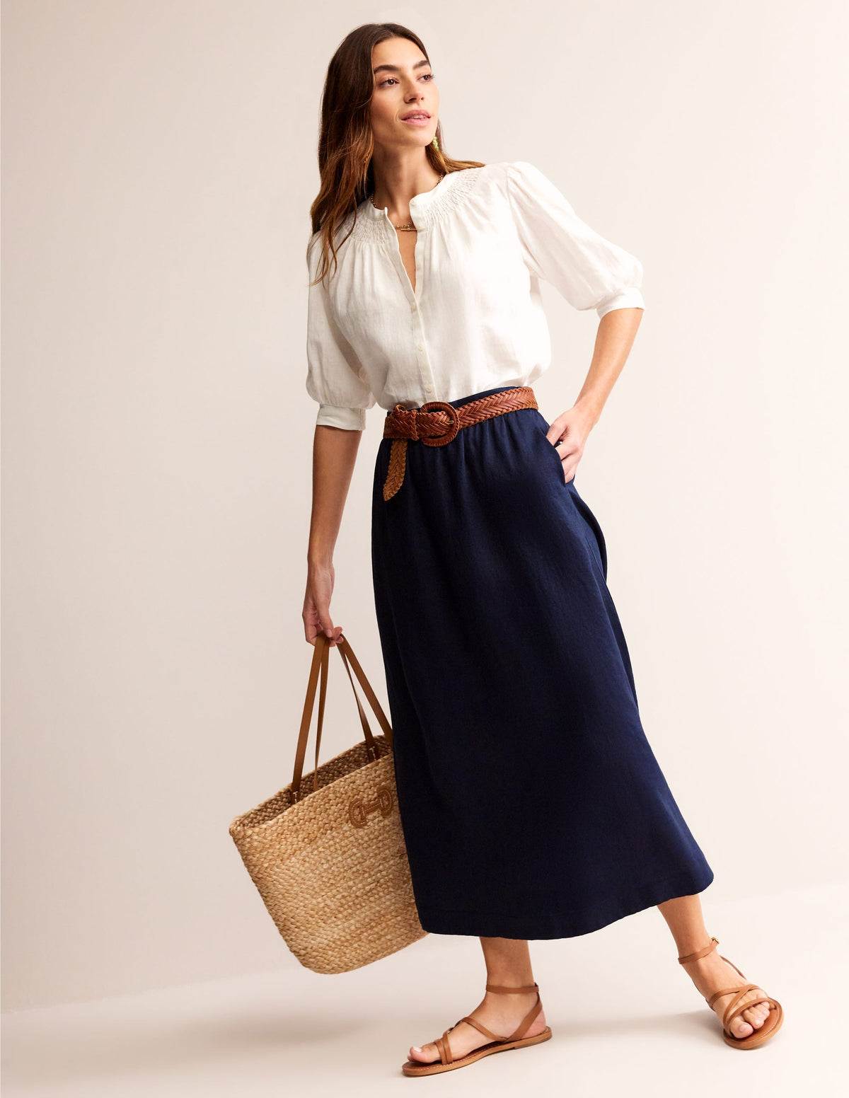 Florence Linen Midi Skirt-Navy - Image 1