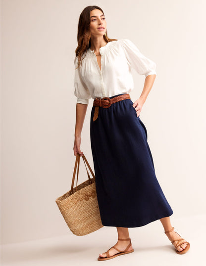 Florence Linen Midi Skirt-Navy