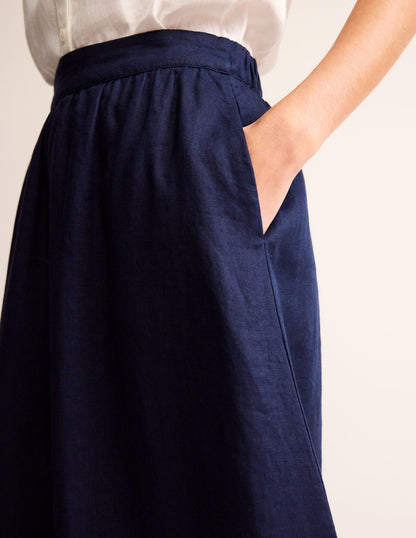 Florence Linen Midi Skirt-Navy