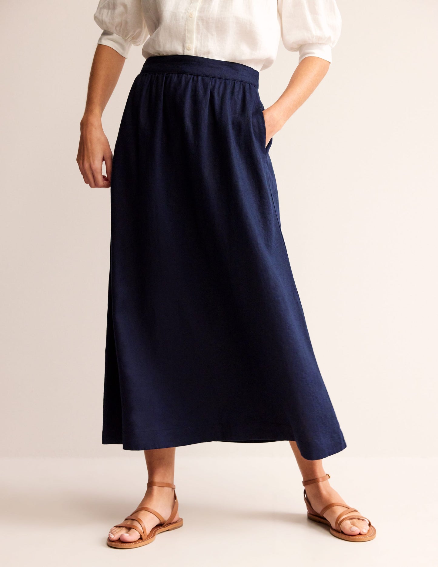 Florence Linen Midi Skirt-Navy