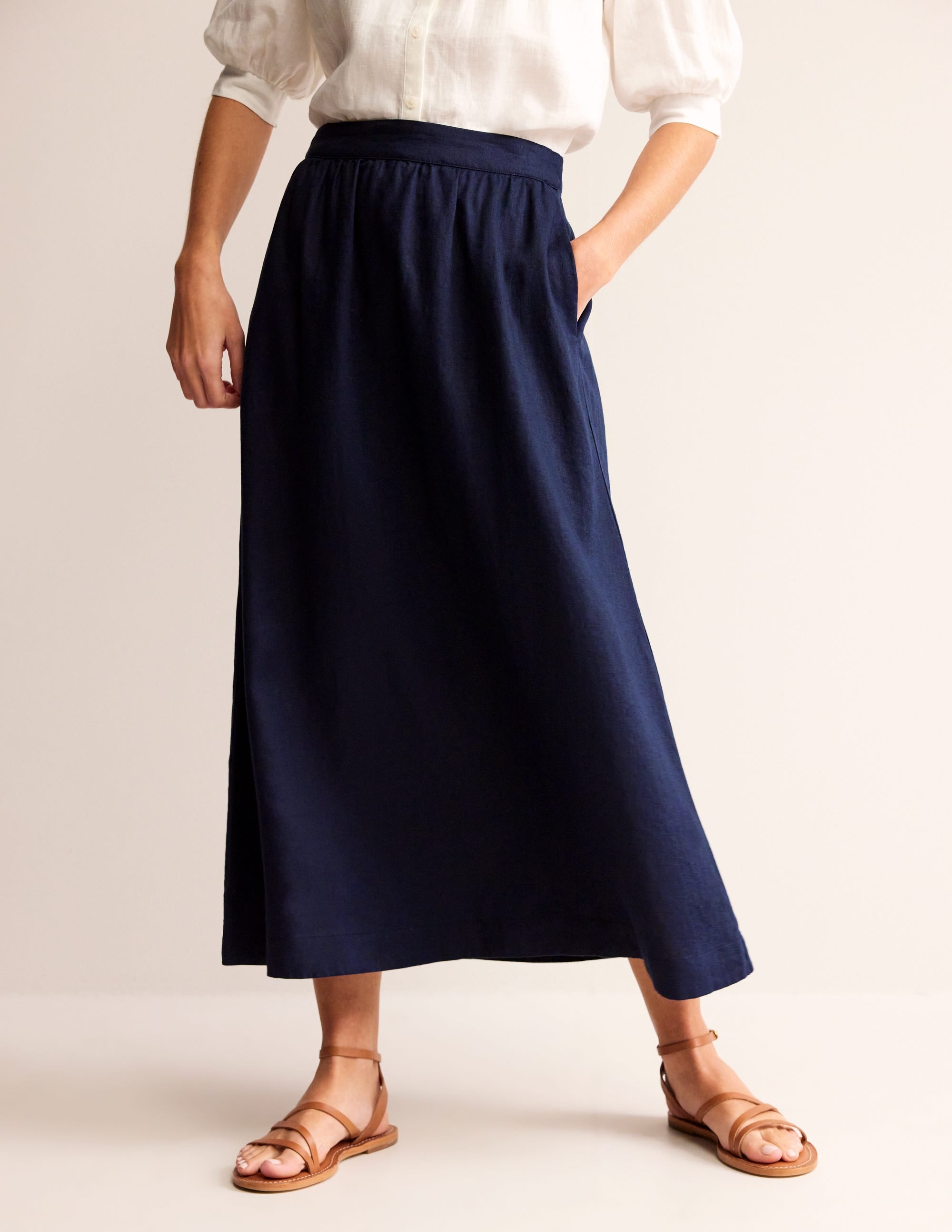 Florence Linen Midi Skirt-Navy - Image 4