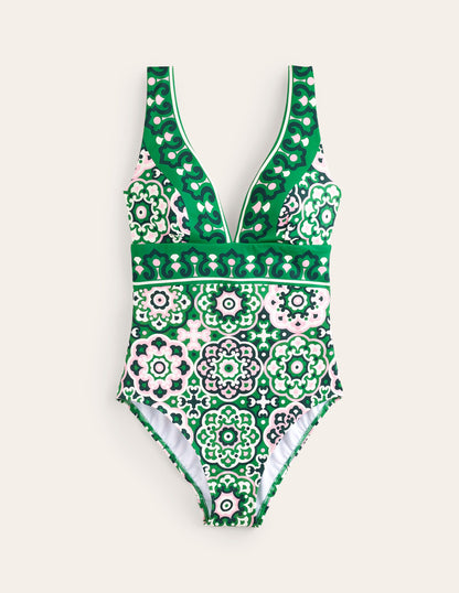 Porto V-Neck Swimsuit-Green, Artisian Geo