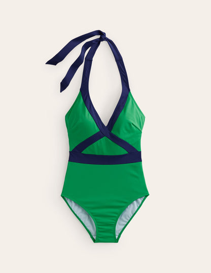 Kefalonia Halterneck Swimsuit-Bright Green/ Navy Colourblock-6