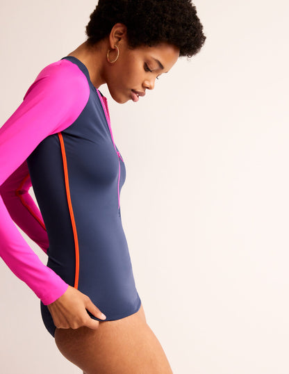 Piped Raglan Rash Guard-Navy/ Super Pink Colourblock-4