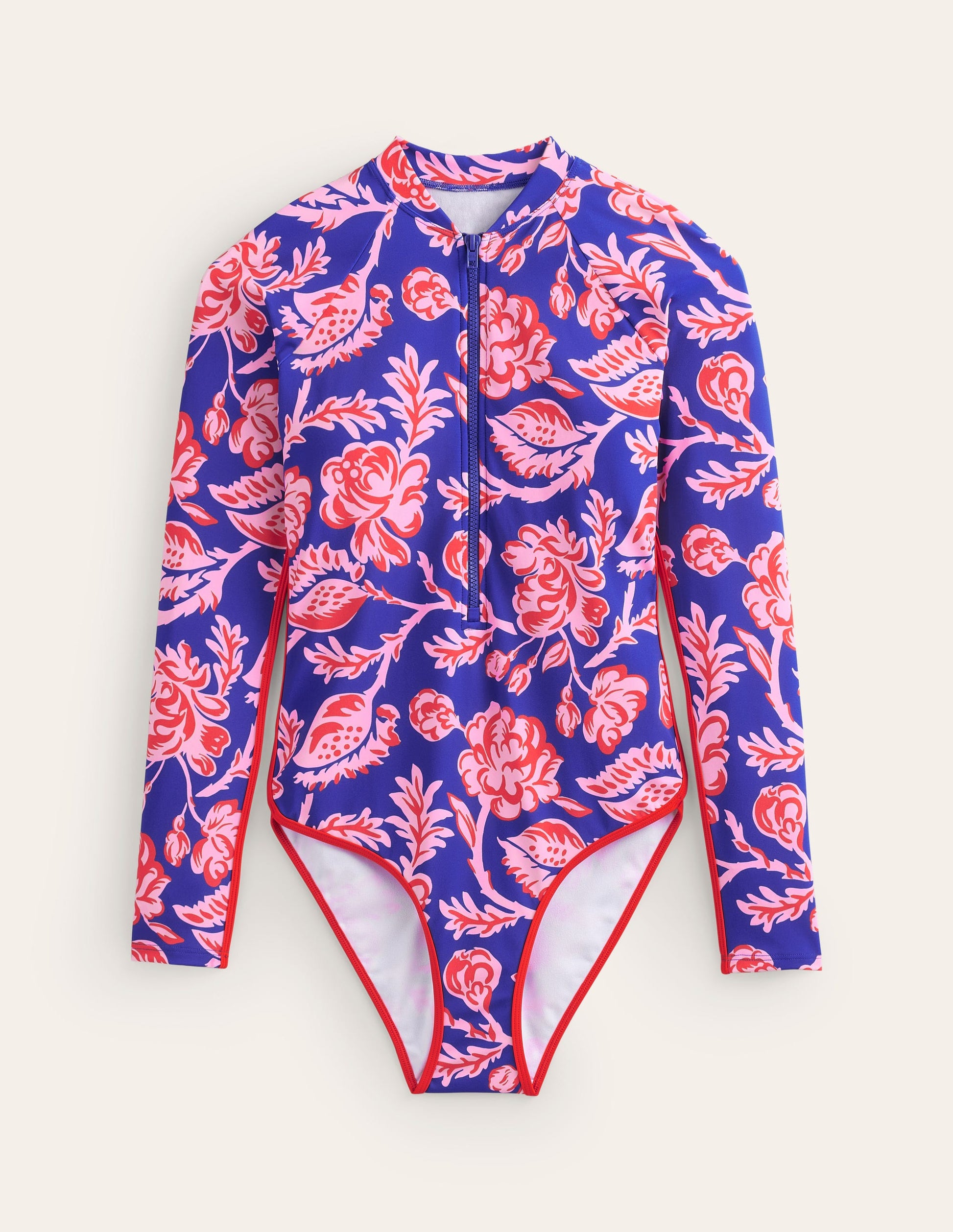Piped Raglan Sleeve Swimsuit-Surf The Web Blue, Rose Blush-5