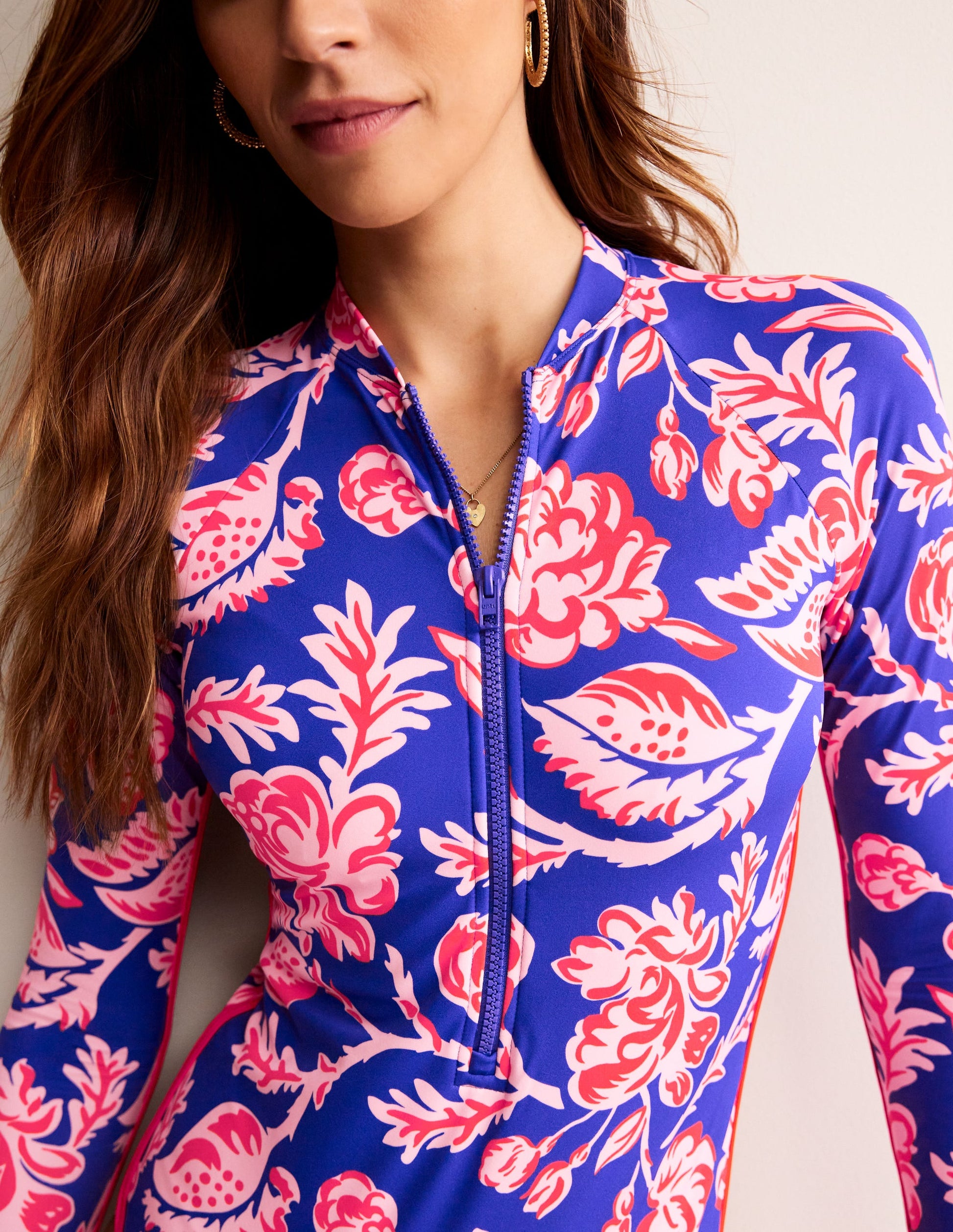 Piped Raglan Sleeve Swimsuit-Surf The Web Blue, Rose Blush-2