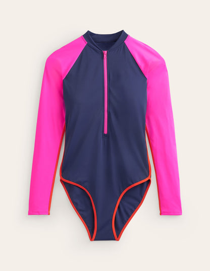 Piped Raglan Sleeve Swimsuit-Navy/ Super Pink Colourblock-5