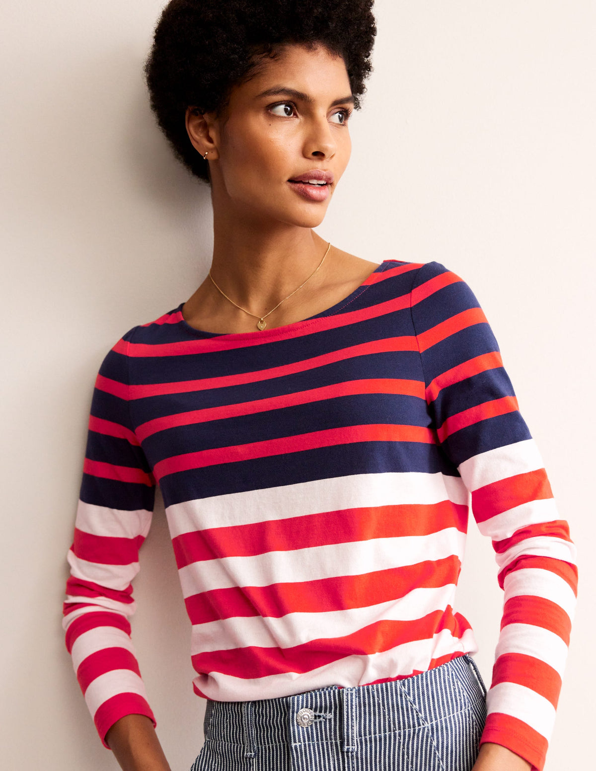 Ella Long Sleeve Breton-Ivory, Navy Red - Image 1