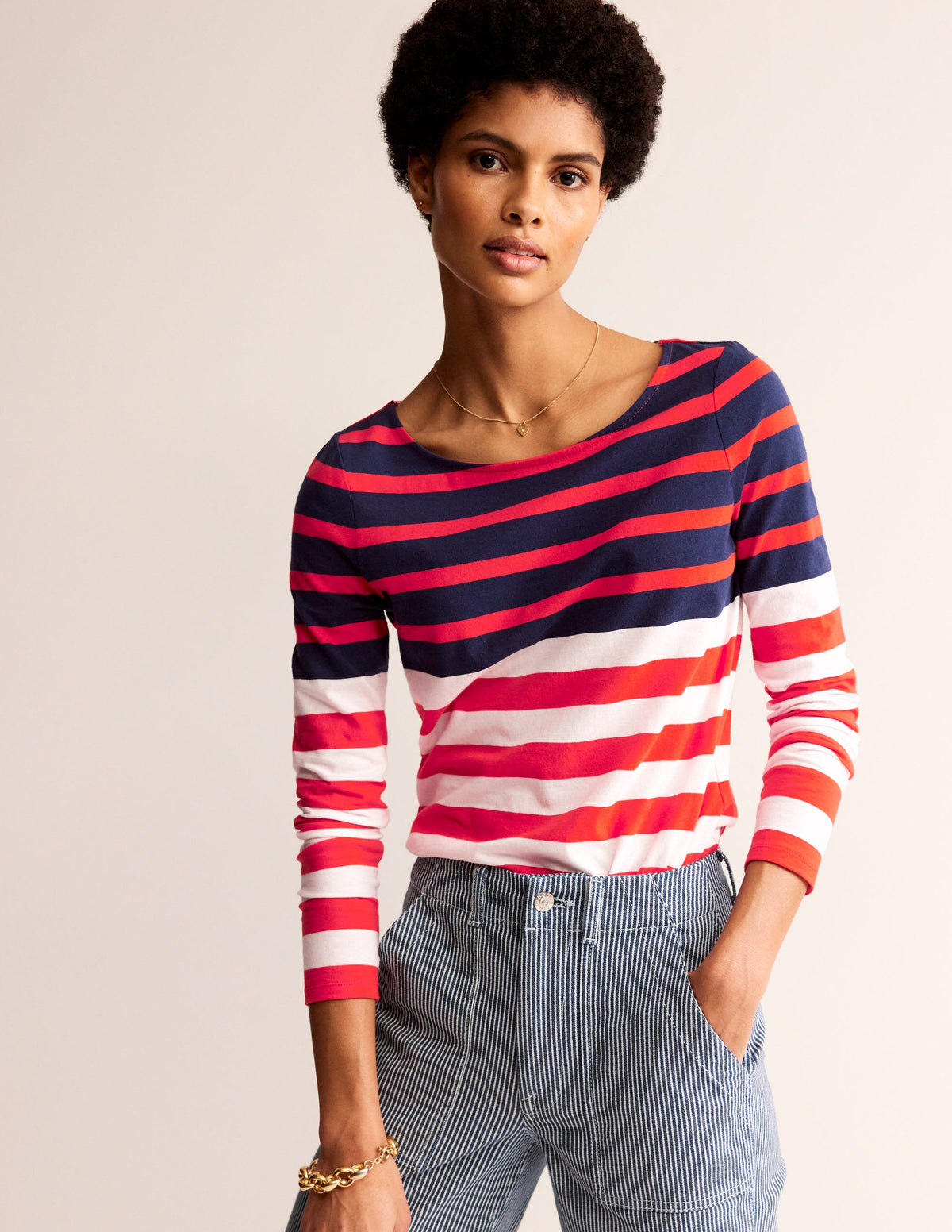 Ella Long Sleeve Breton-Ivory, Navy Red - Image 2