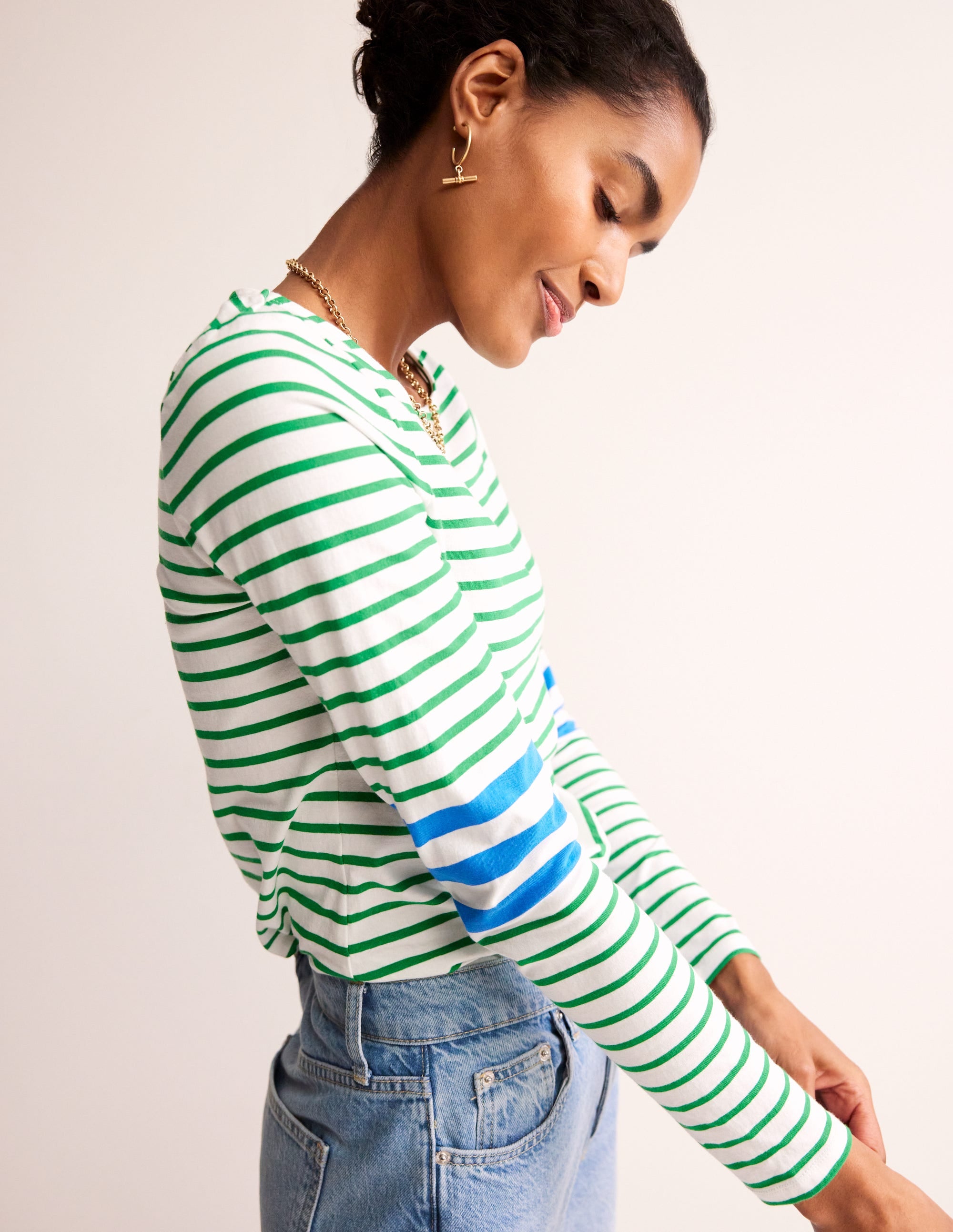 Ella Long Sleeve Breton-Green, Blue Stripe - Image 2