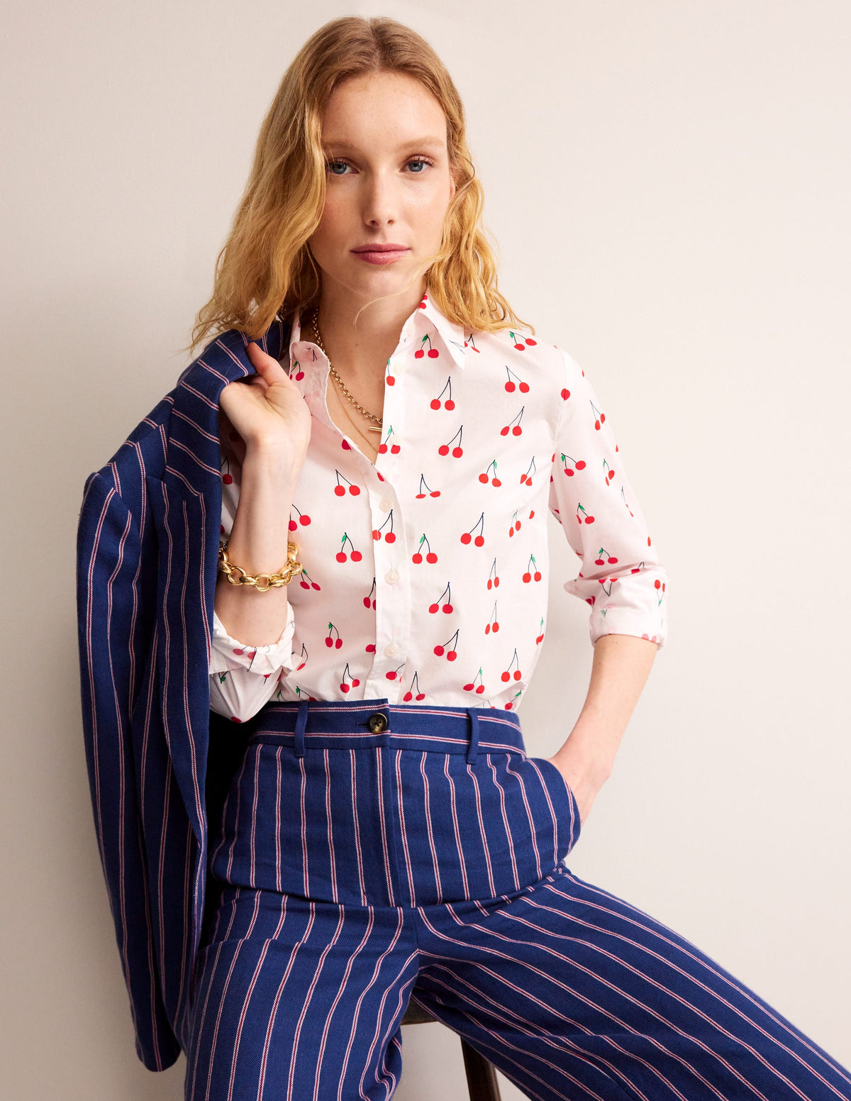 Sienna Cotton Shirt-Ivory, Cherry Vine - Image 1