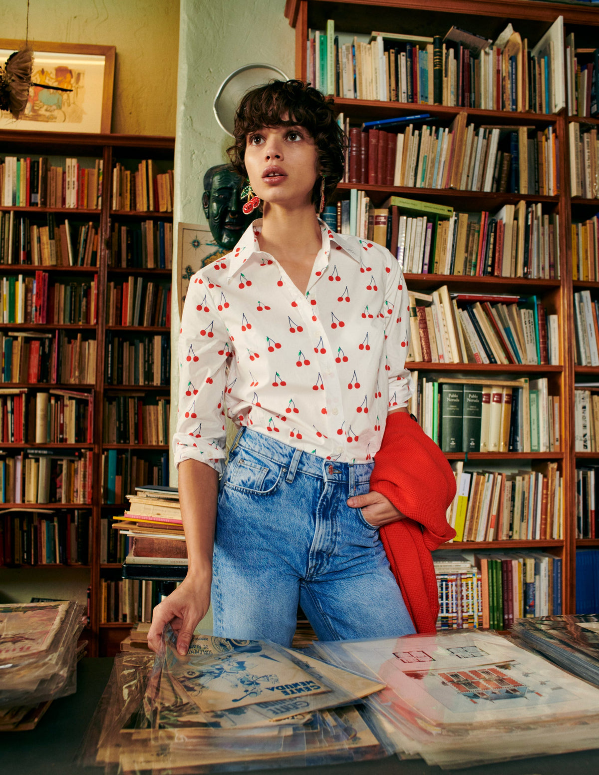Sienna Cotton Shirt-Ivory, Cherry Vine - Image 5