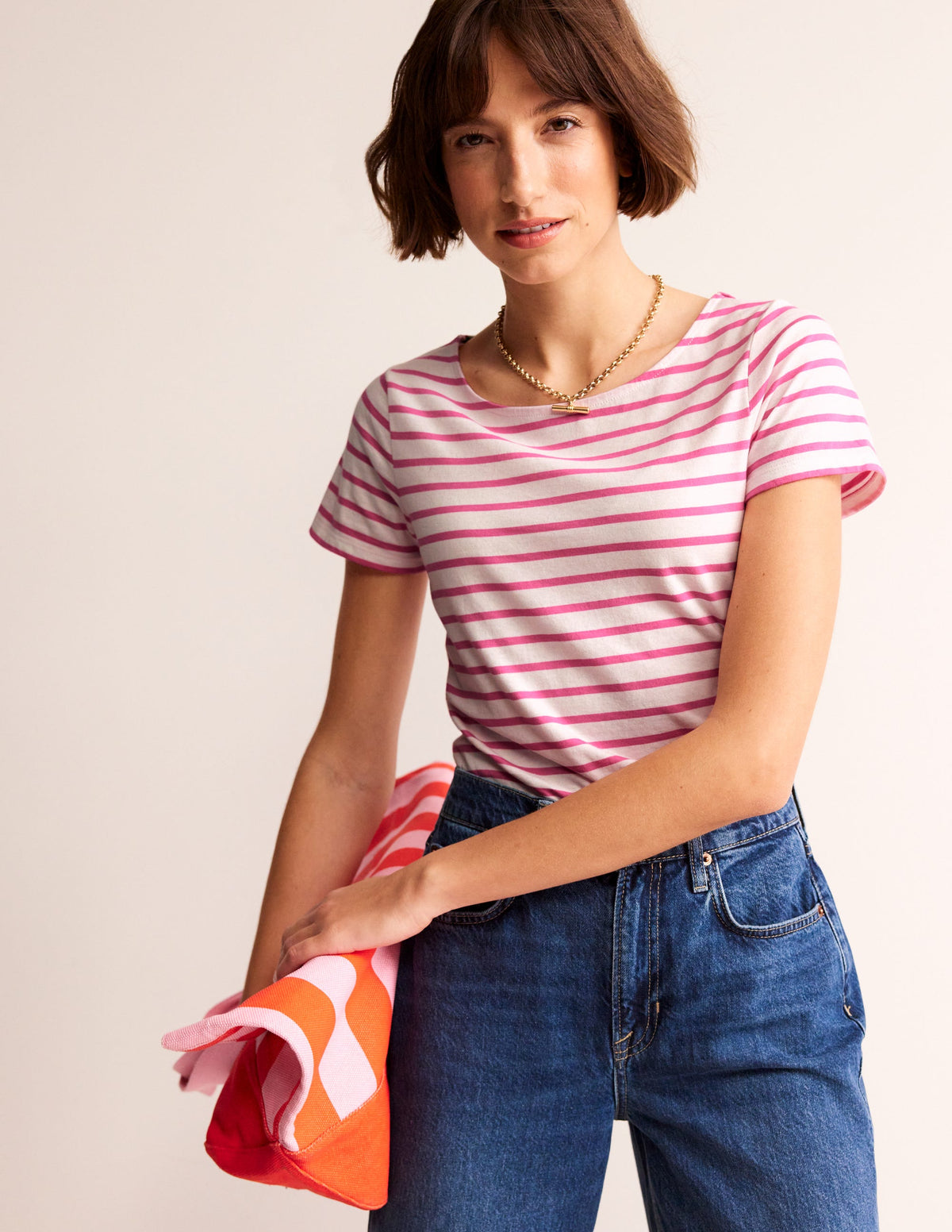 Ella Short Sleeve Breton-Ivory, Pink - Image 1