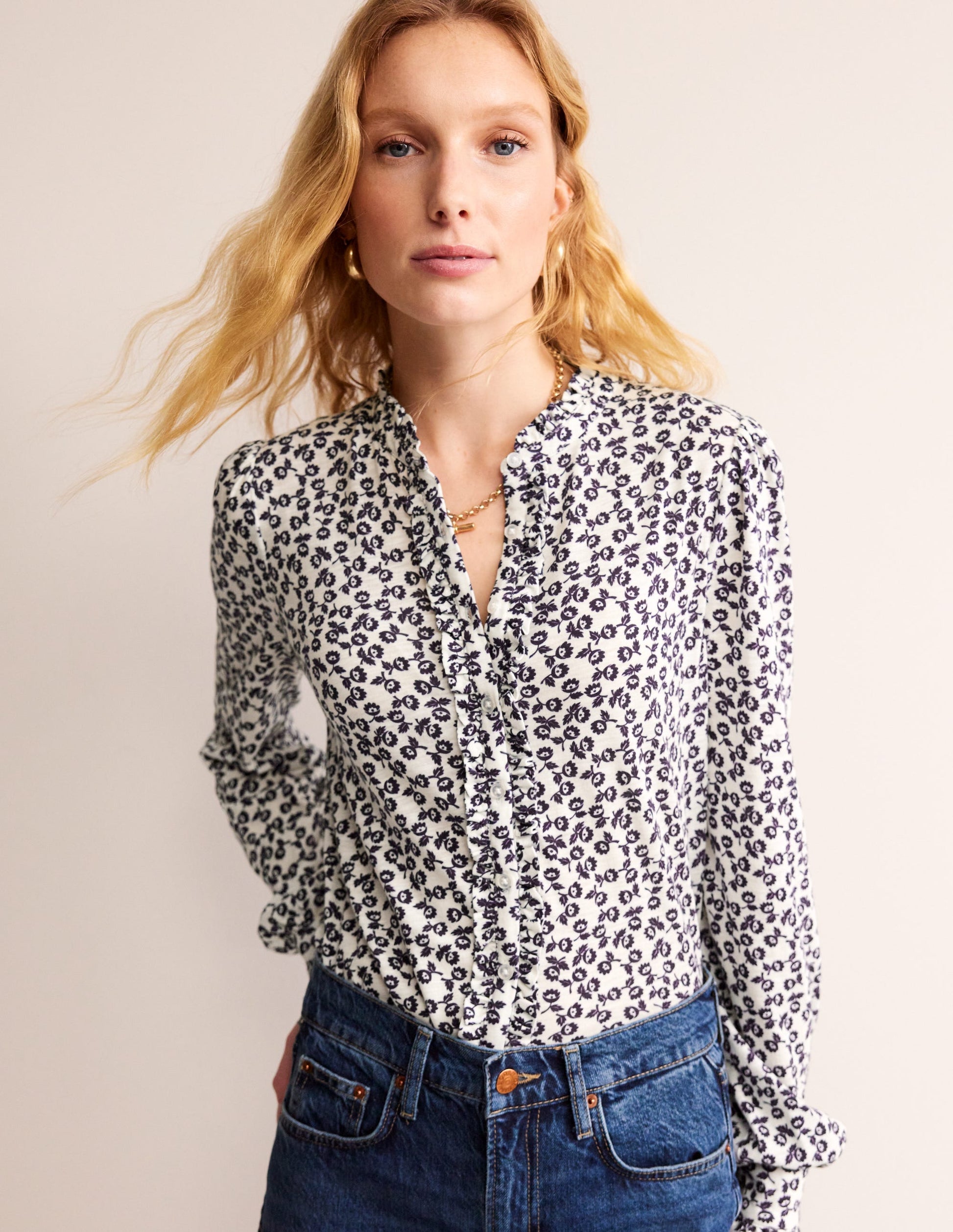 Caroline Jersey Shirt-Ivory, Ditsy Bud-1