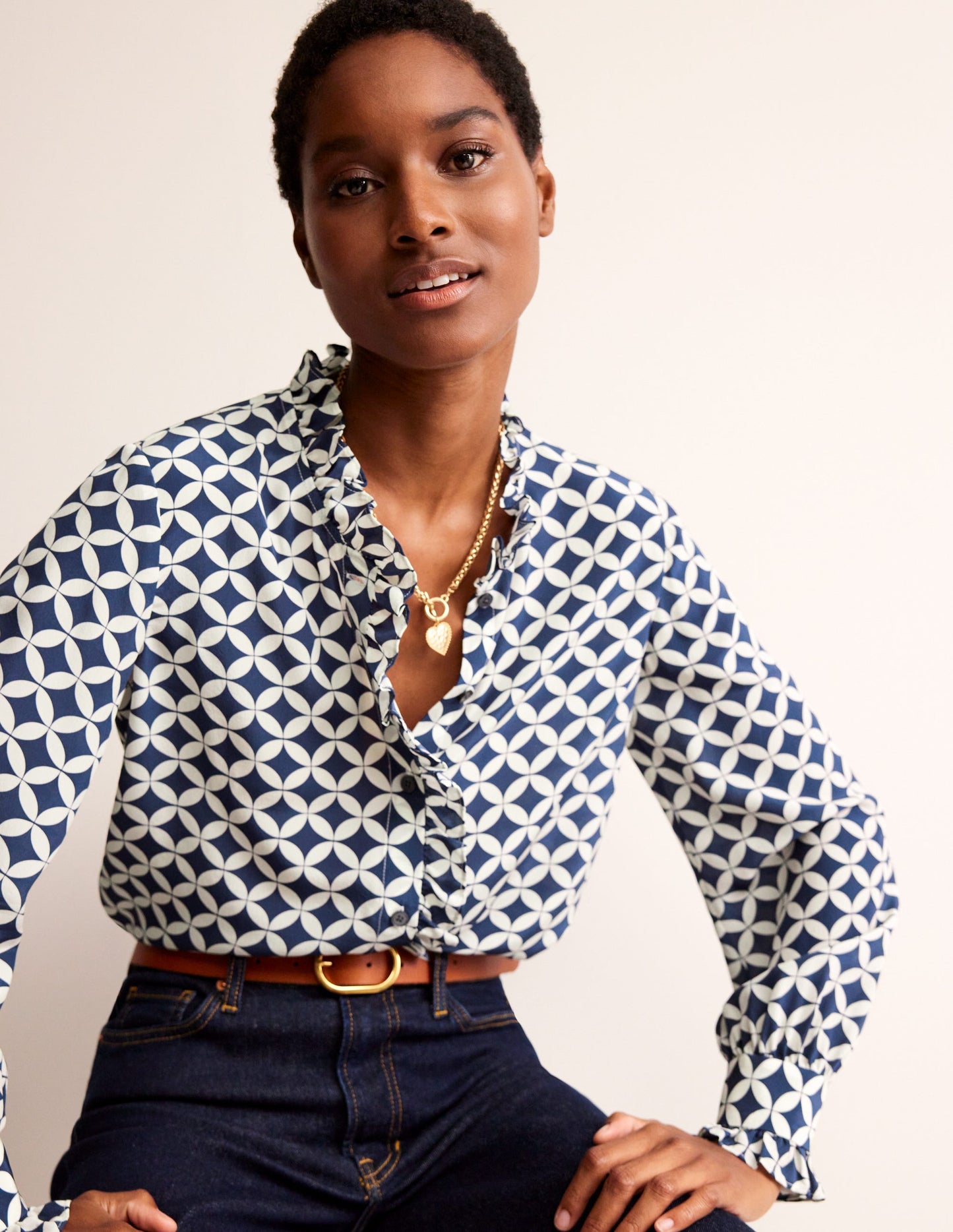 Ruffle Neck Silk Blouse-Navy, Diamond Terrace