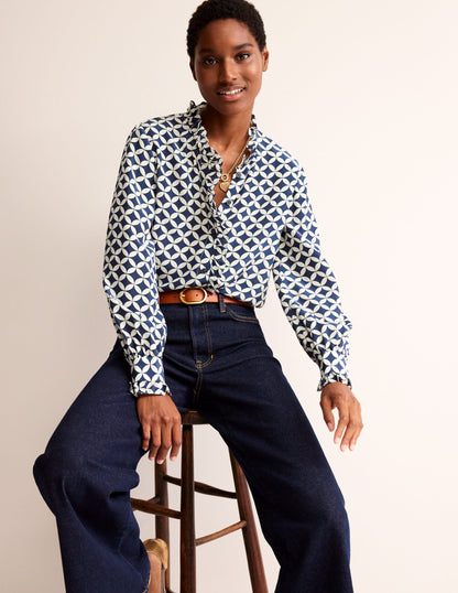 Ruffle Neck Silk Blouse-Navy, Diamond Terrace-2