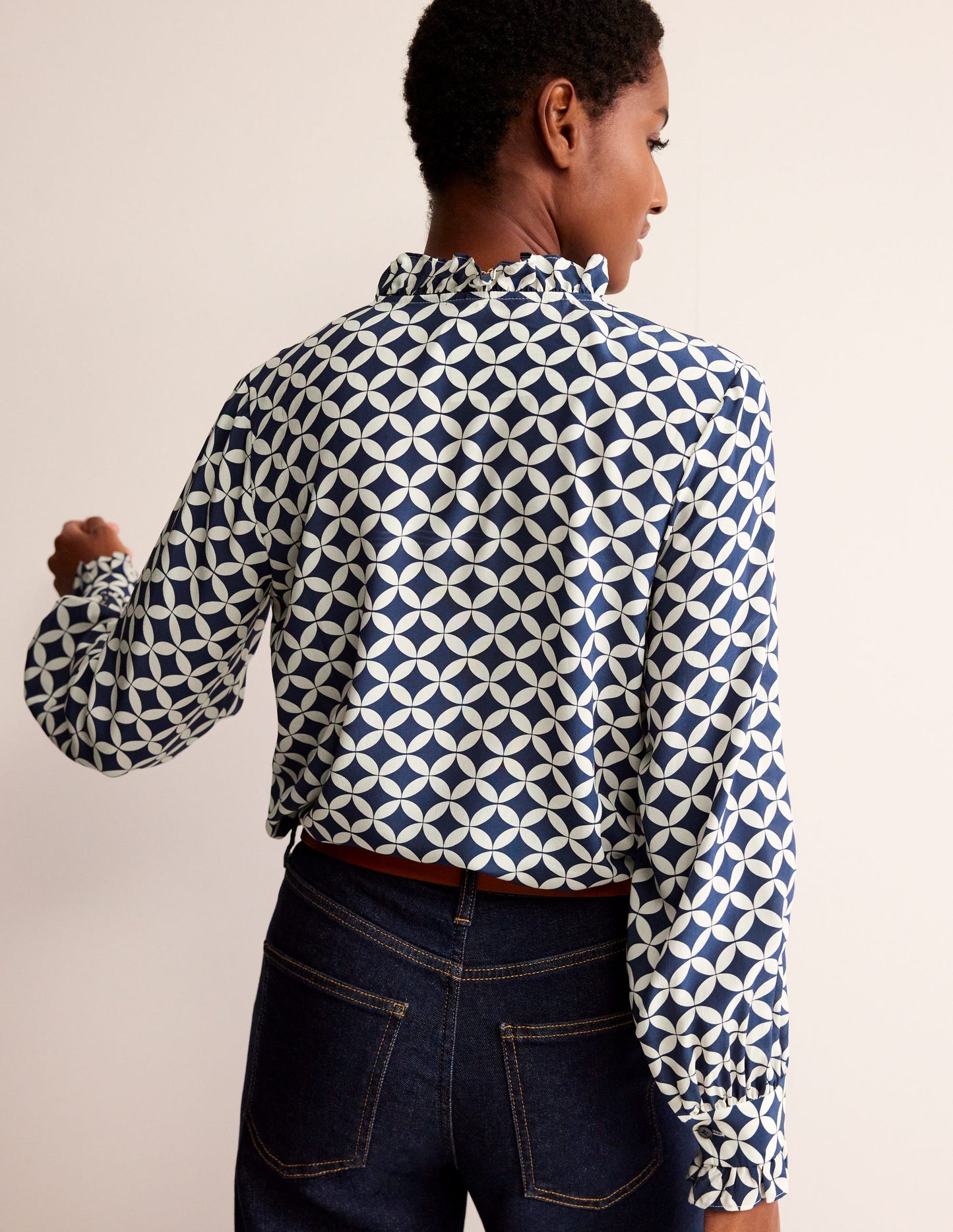 Ruffle Neck Silk Blouse-Navy, Diamond Terrace