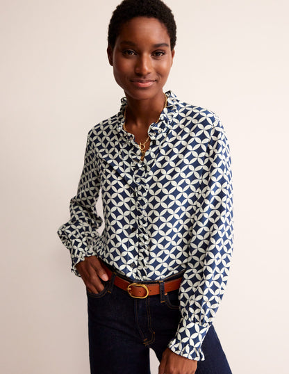 Ruffle Neck Silk Blouse-Navy, Diamond Terrace-4
