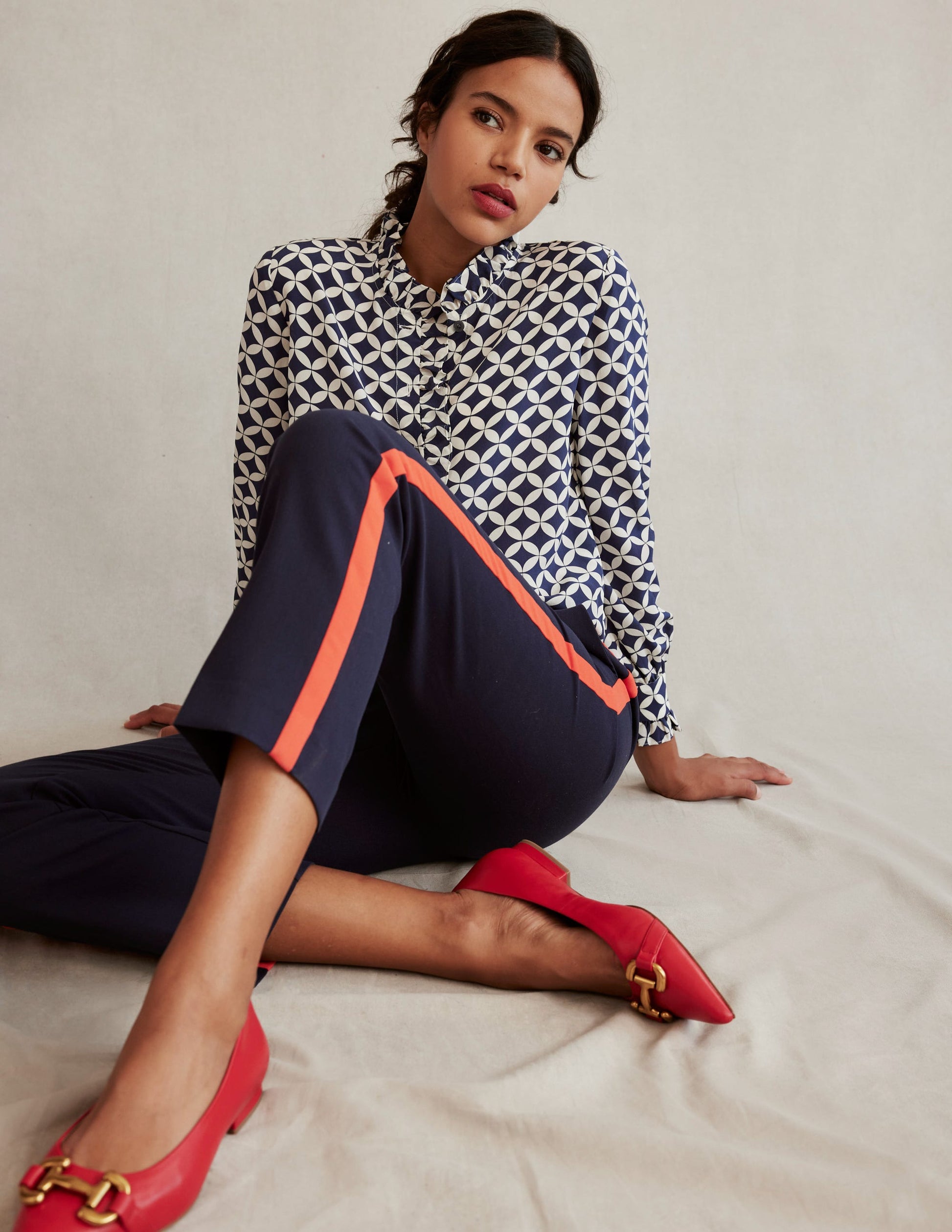 Ruffle Neck Silk Blouse-Navy, Diamond Terrace-5