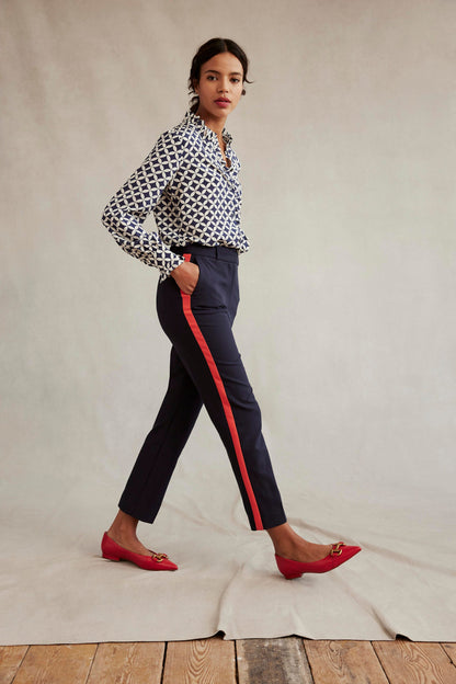 Ruffle Neck Silk Blouse-Navy, Diamond Terrace-6