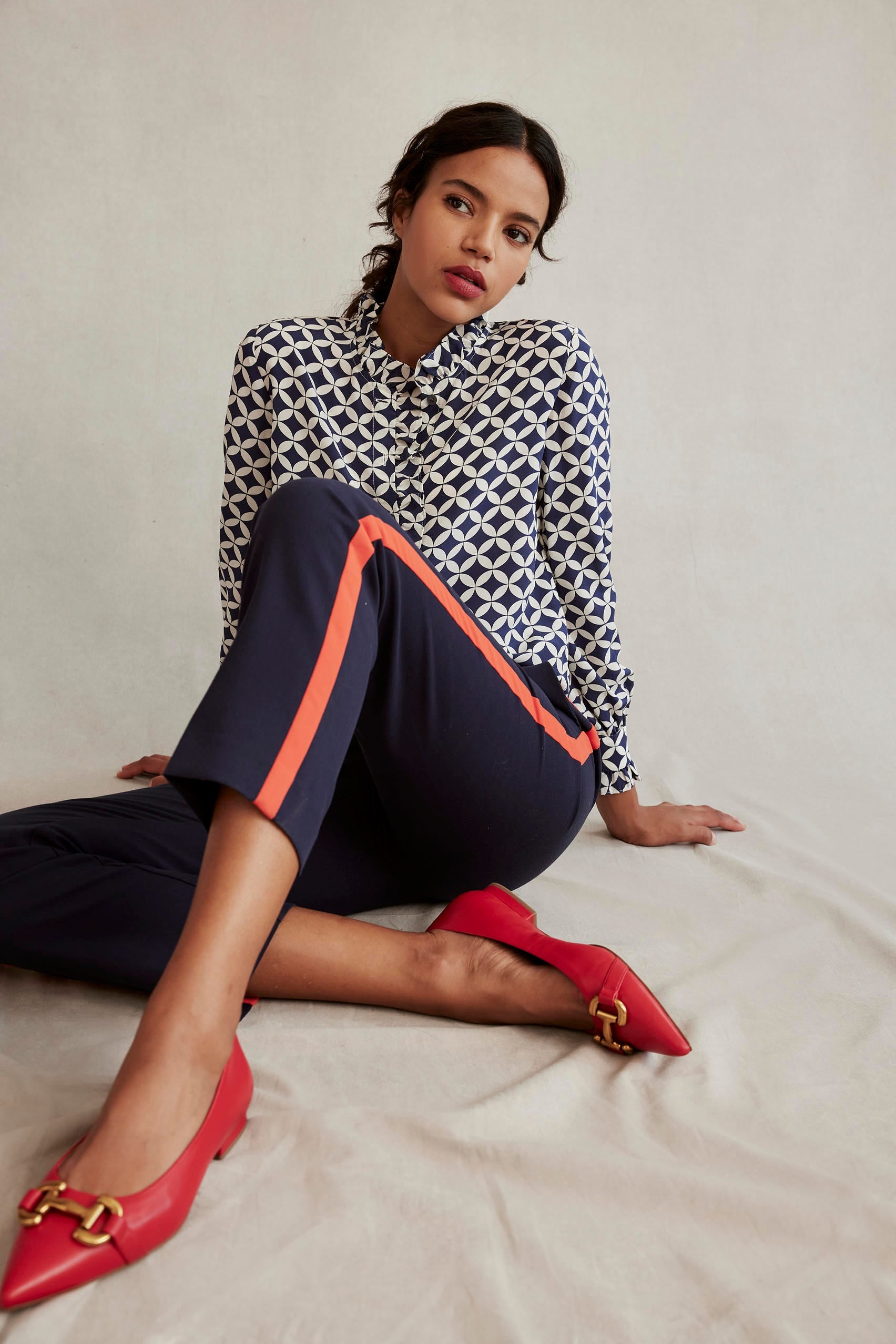 Ruffle Neck Silk Blouse-Navy, Diamond Terrace-7