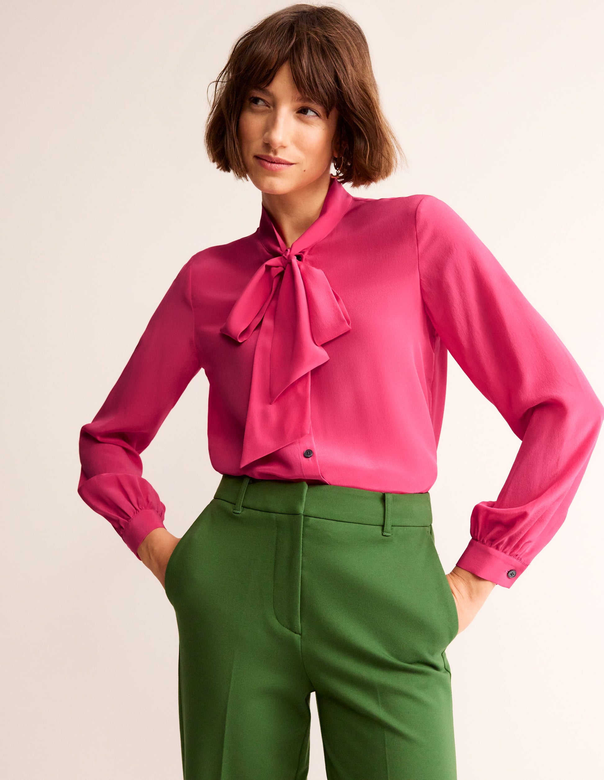 Bow Neck Button Down Blouse-Rethink Pink-2