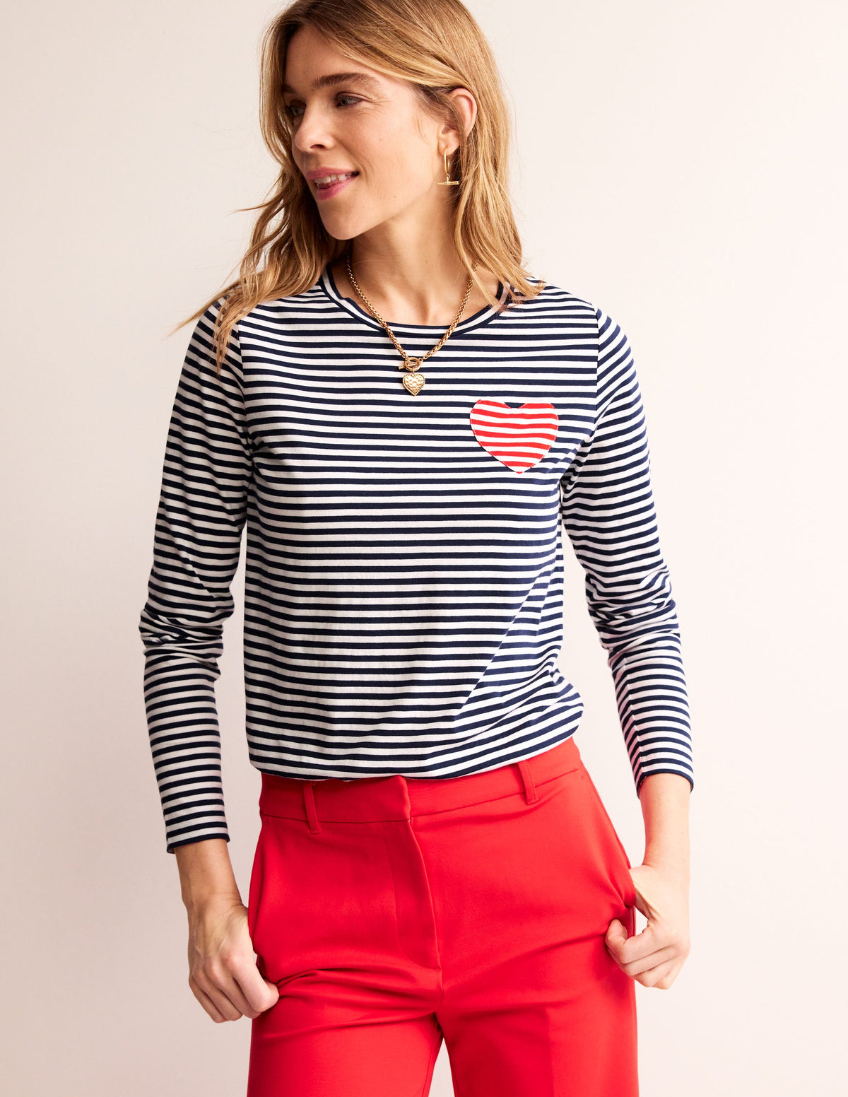 Heart Stripe Crew Neck Top-Navy, Ivory-1
