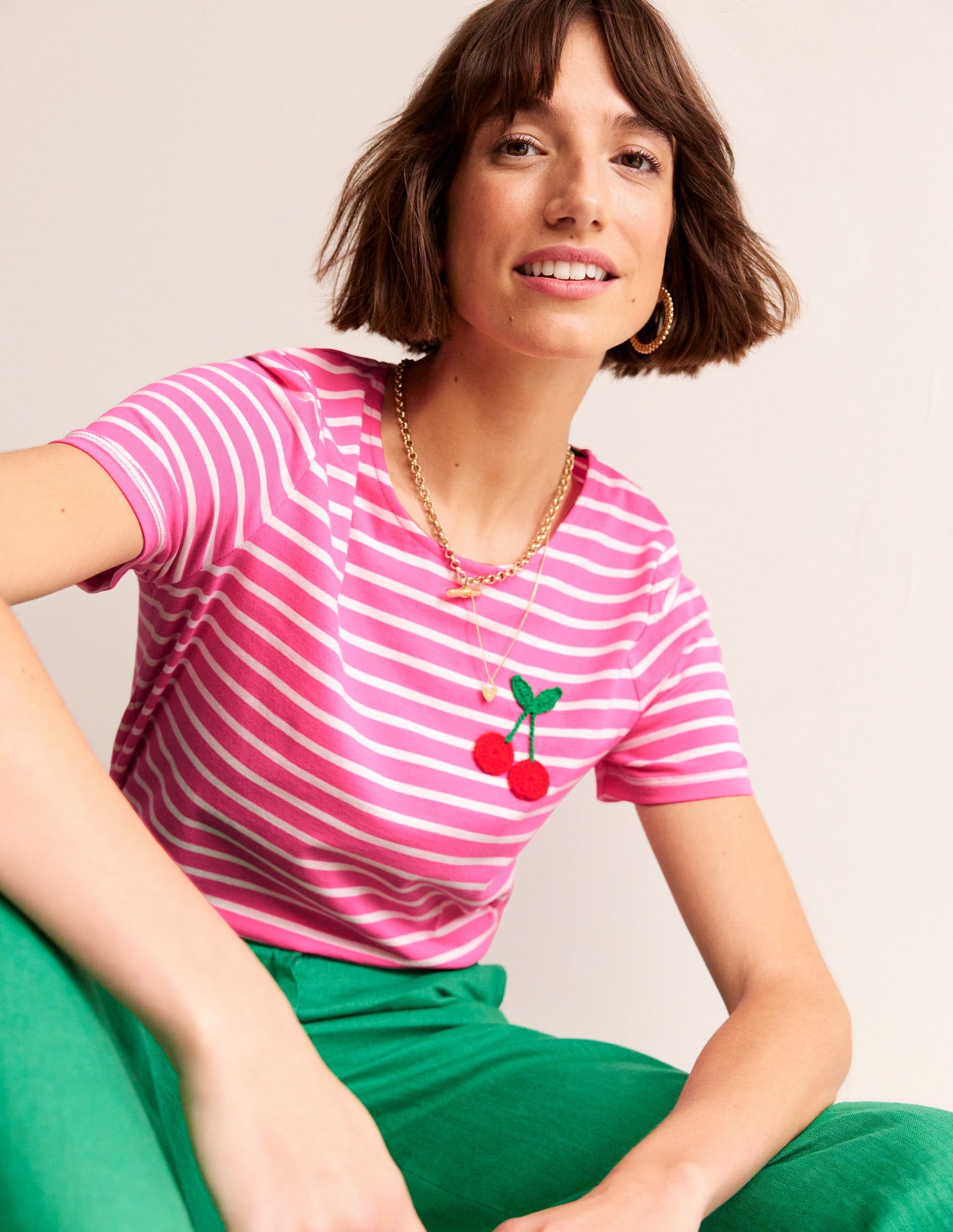 Crochet T-shirt-Pink, Ivory Cherries-1