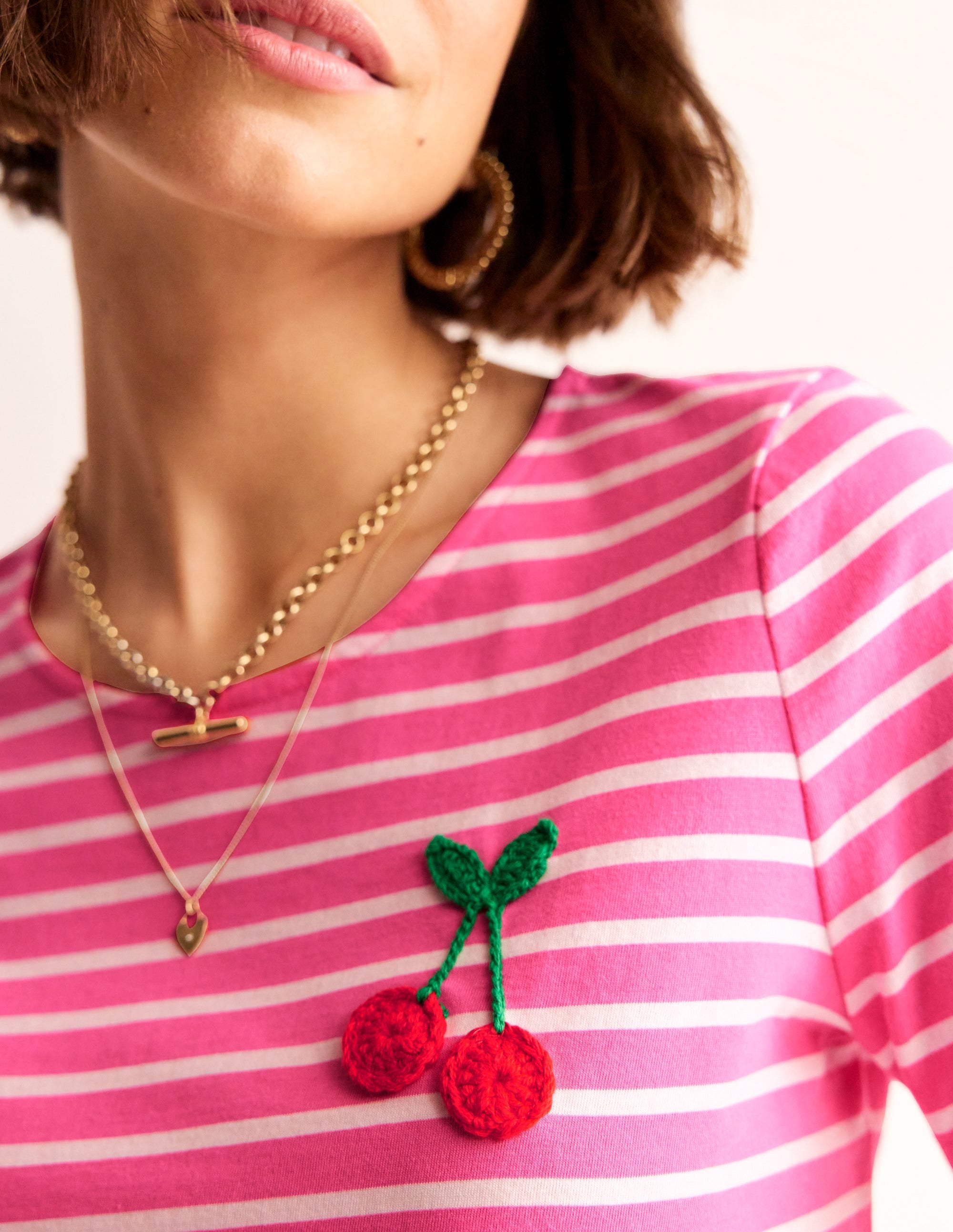 Crochet T-shirt-Pink, Ivory Cherries - Image 2
