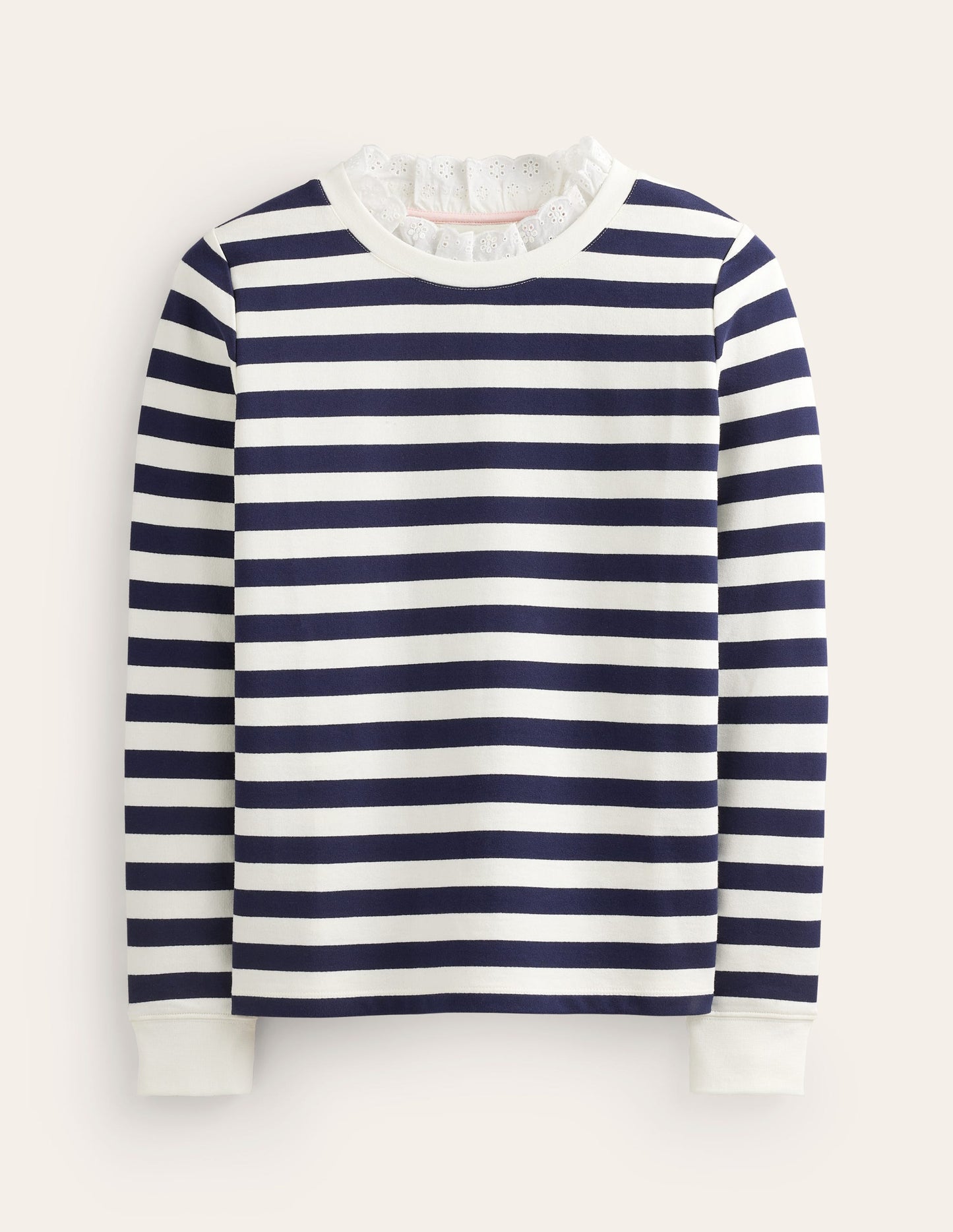 Broderie Trim Sweatshirt-Oatmeal, Navy Stripe