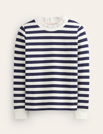 Broderie Trim Sweatshirt-Oatmeal, Navy Stripe