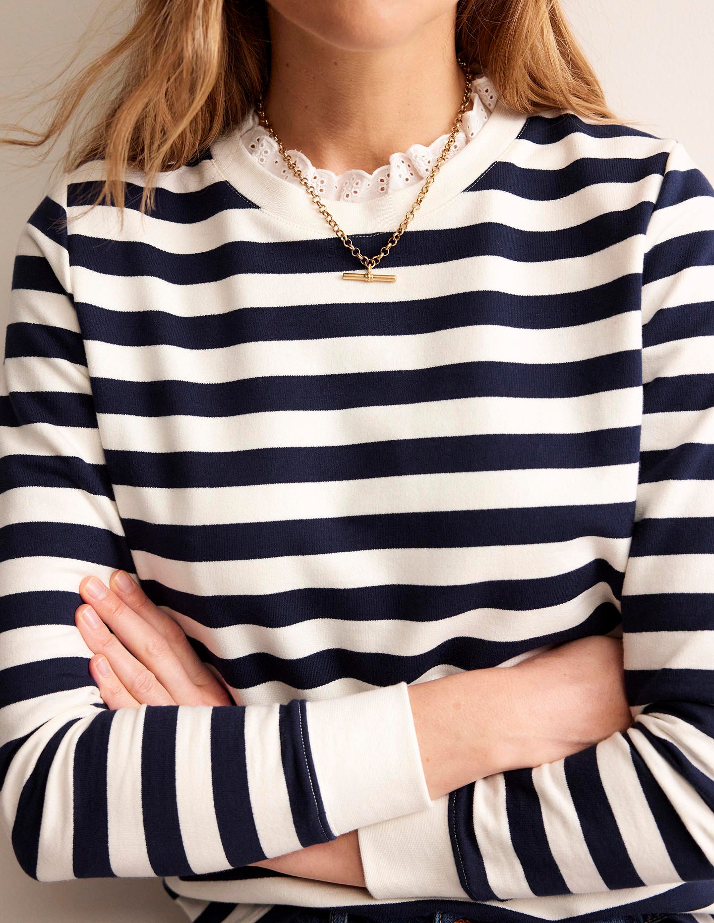 Broderie Trim Sweatshirt-Oatmeal, Navy Stripe