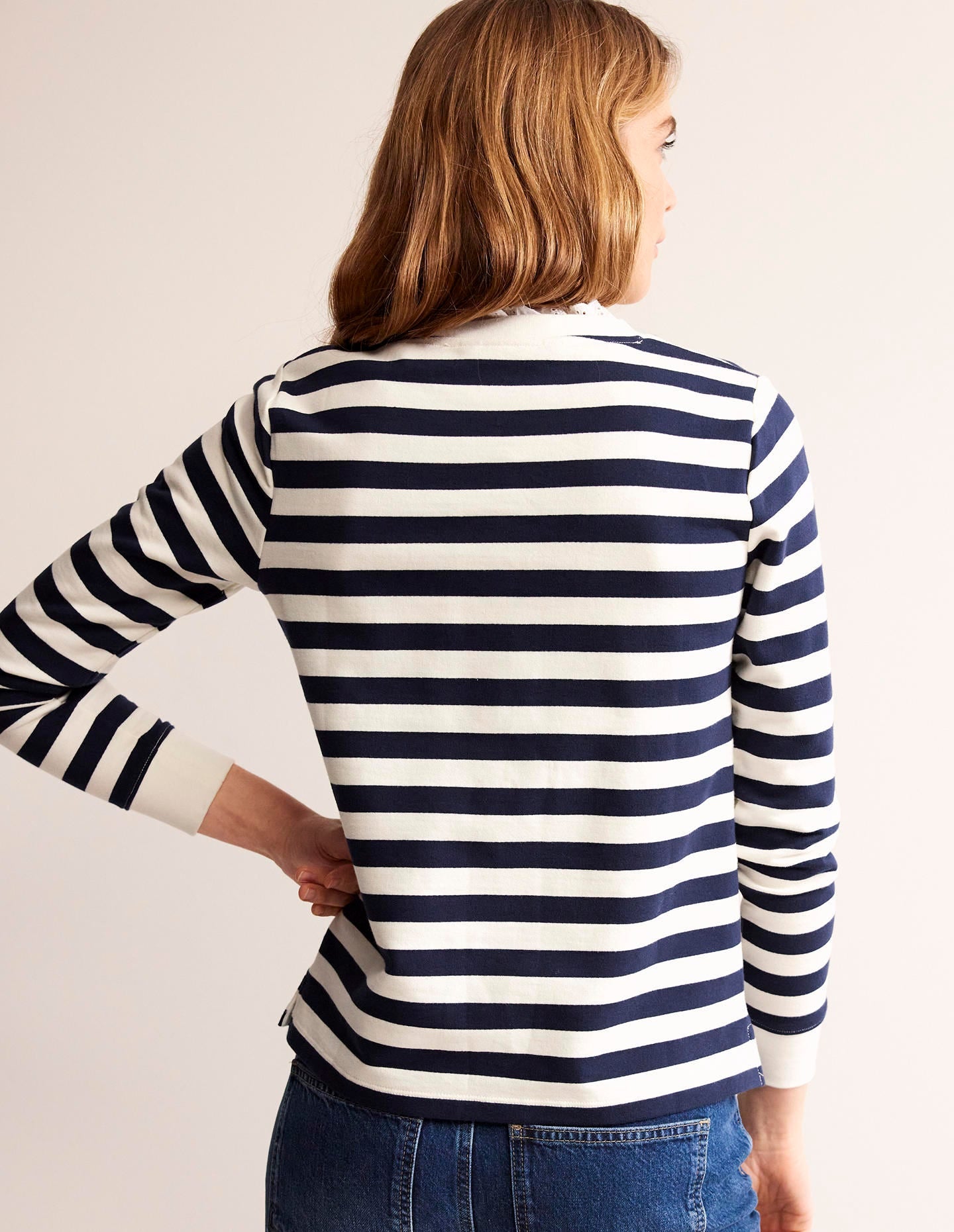 Broderie Trim Sweatshirt-Oatmeal, Navy Stripe