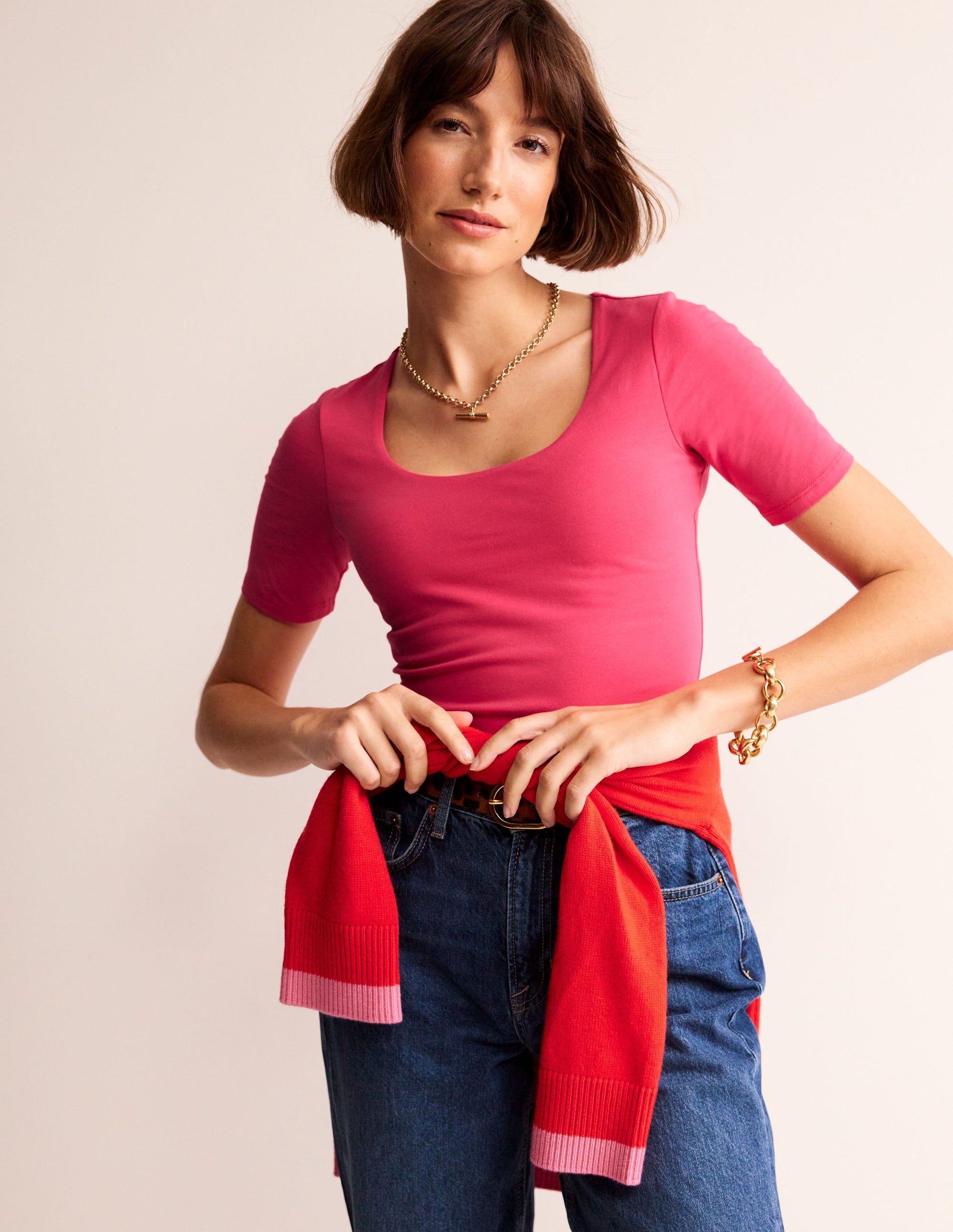 Double Layer Scoop T-shirt-Rethink Pink-2