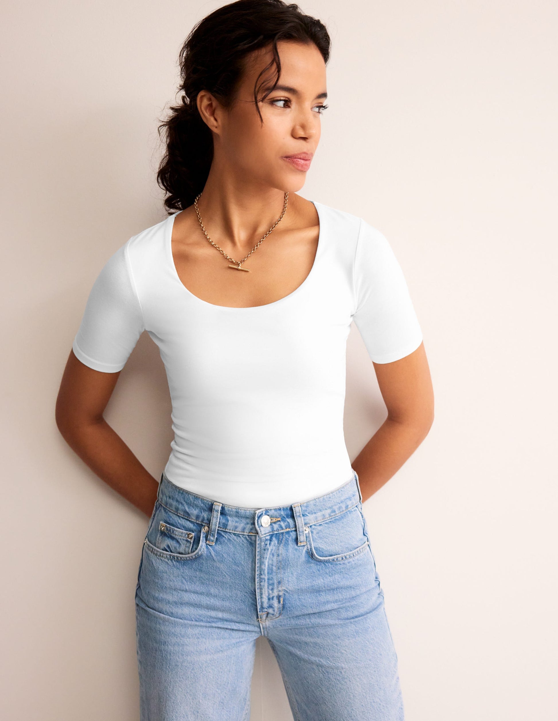 Double Layer Scoop T-shirt-White-1