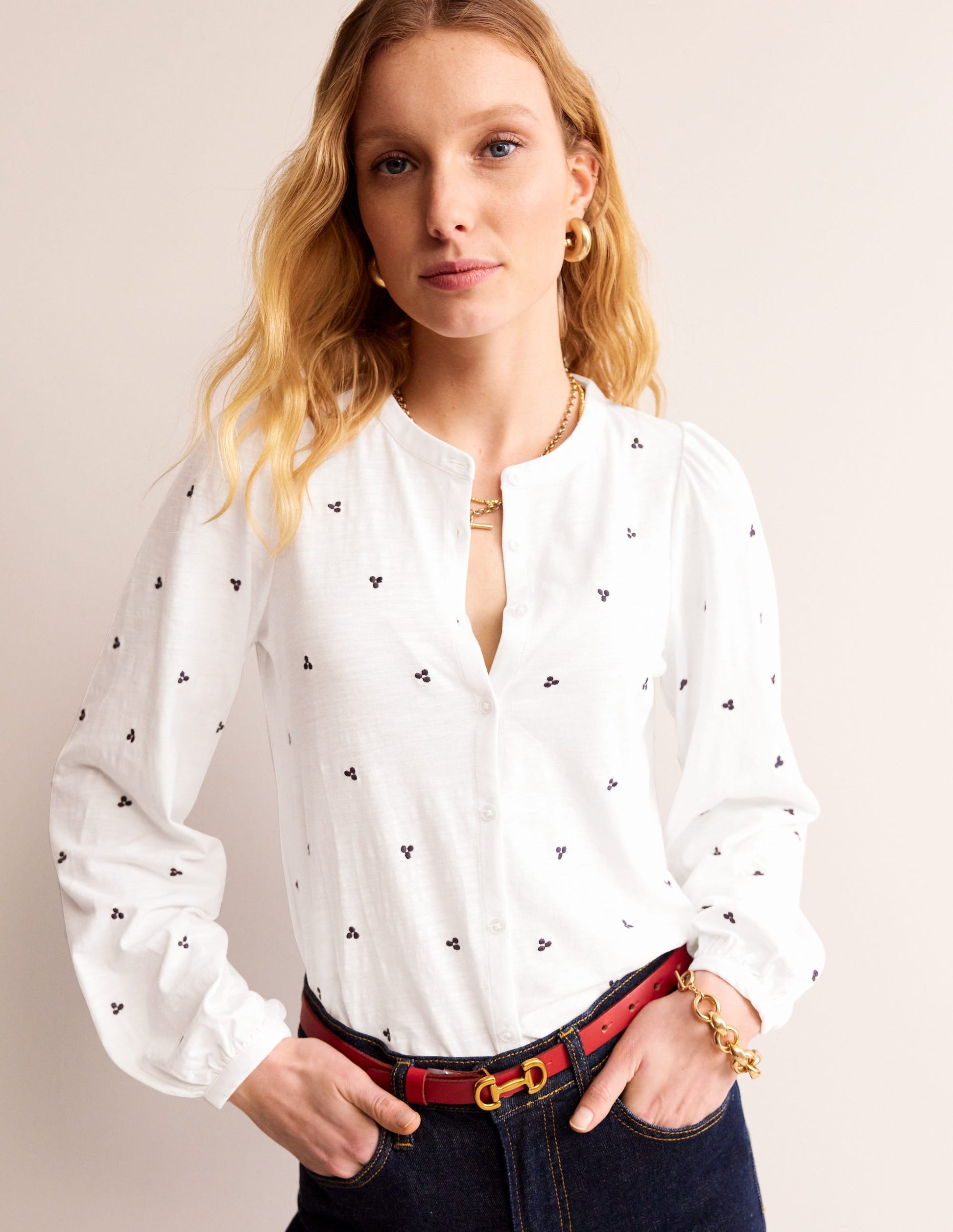 Marina Embroidered Shirt-White, Navy Spot-4