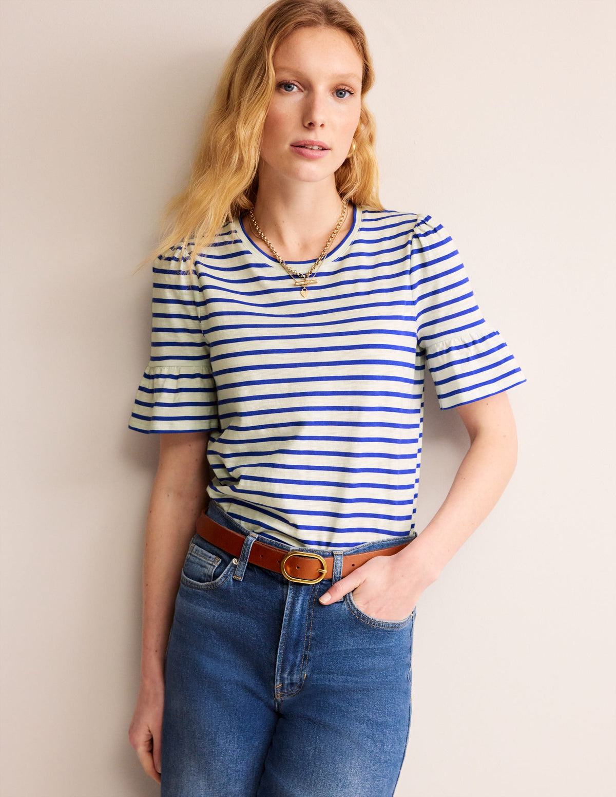 Crew Neck Frill Cuff T-shirt-Ivory, Surf the Web - Image 1