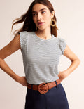 Cotton Flutter Top-Ivory, Navy