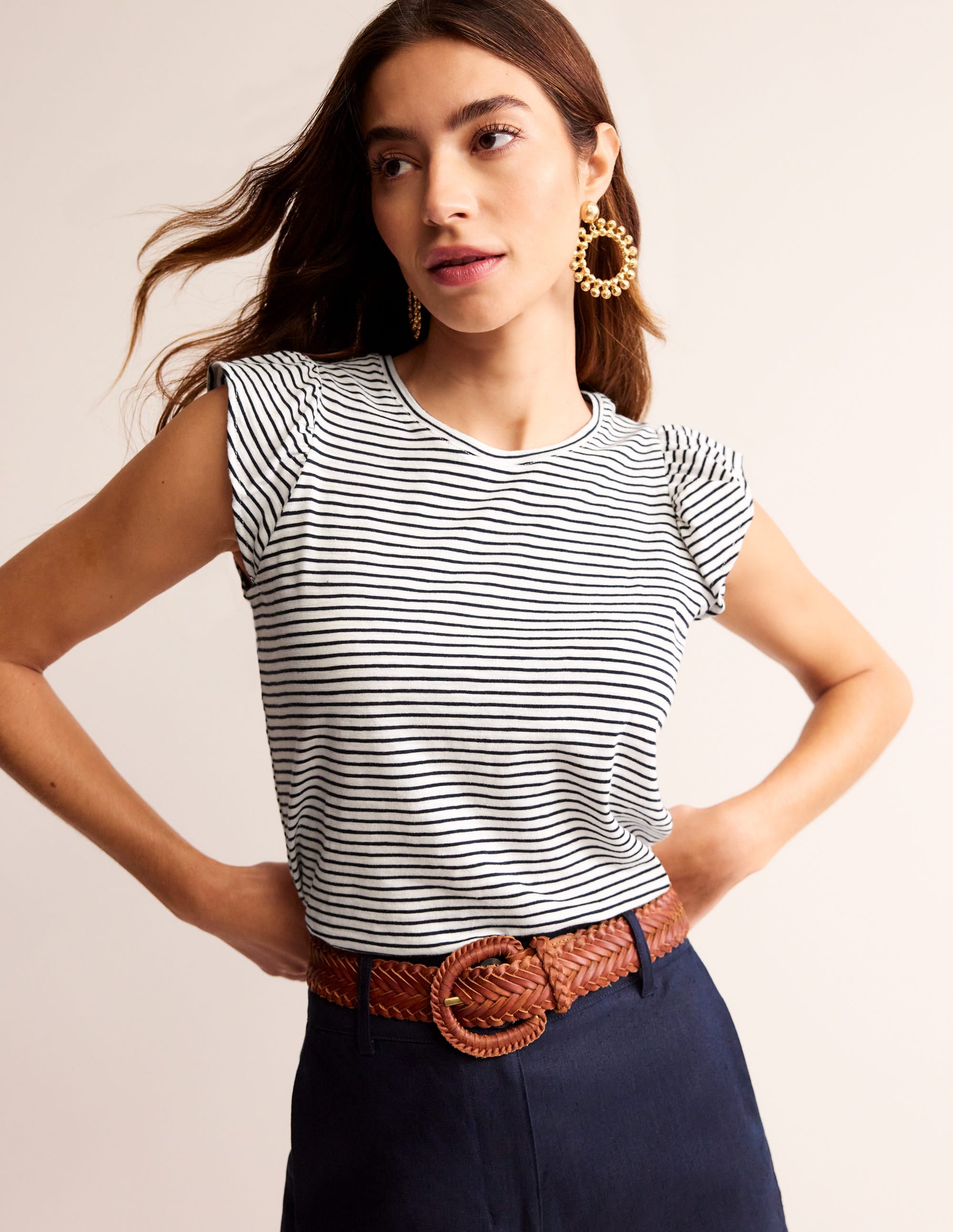 Cotton Flutter Top-Ivory, Navy - Image 1